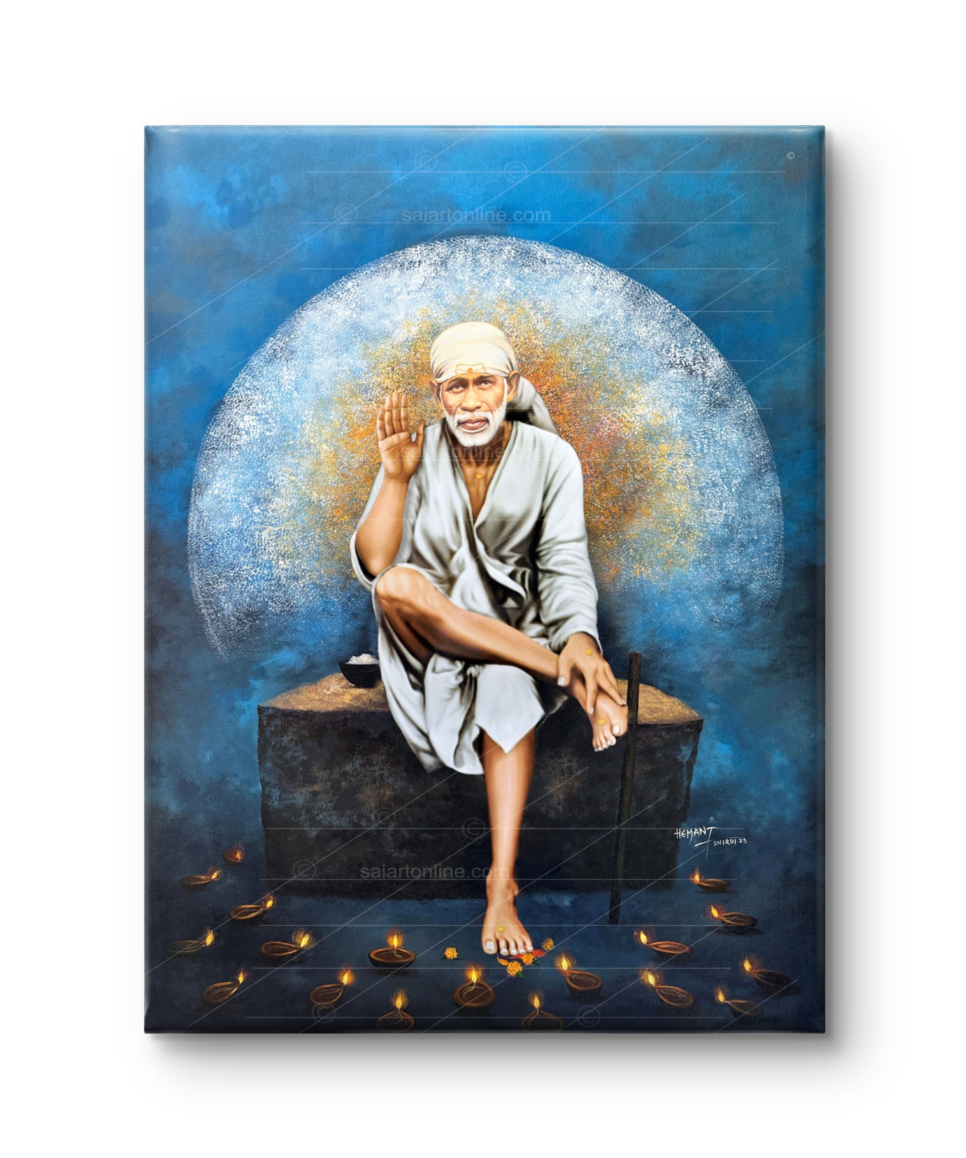 Shirdi Sai Baba Photo Sitting On Stone Hand Painting Canvas Reprint Wall Art Decor photo, Picture/Poster