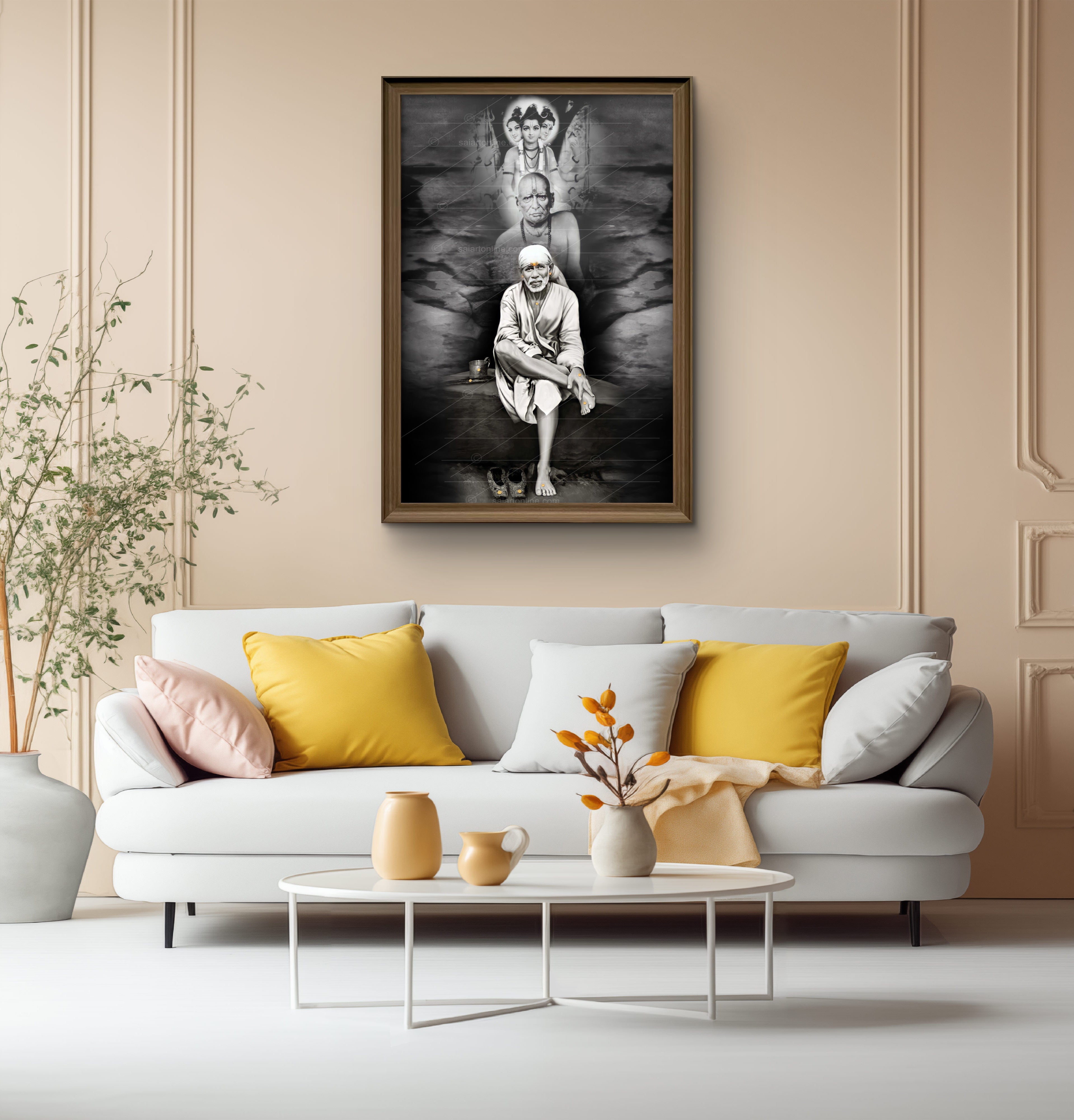 Shirdi Sai Baba Photo Sitting On Stone Hand Painting Canvas Reprint Wall Art Decor photo, Picture/Poster