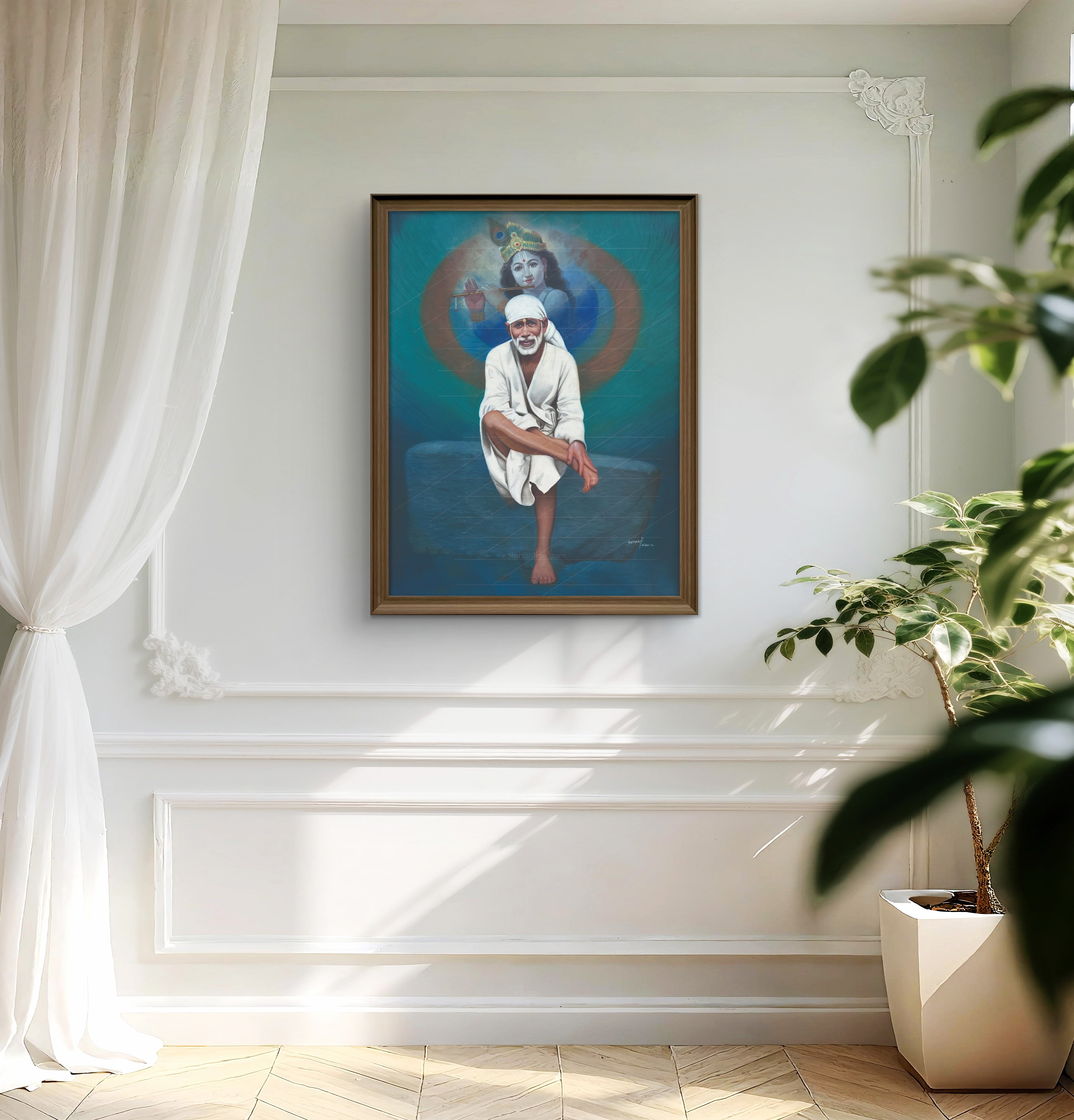 Shirdi Sai Baba Photo Sitting On Stone Hand Painting Canvas Reprint Wall Art Decor photo, Picture/Poster