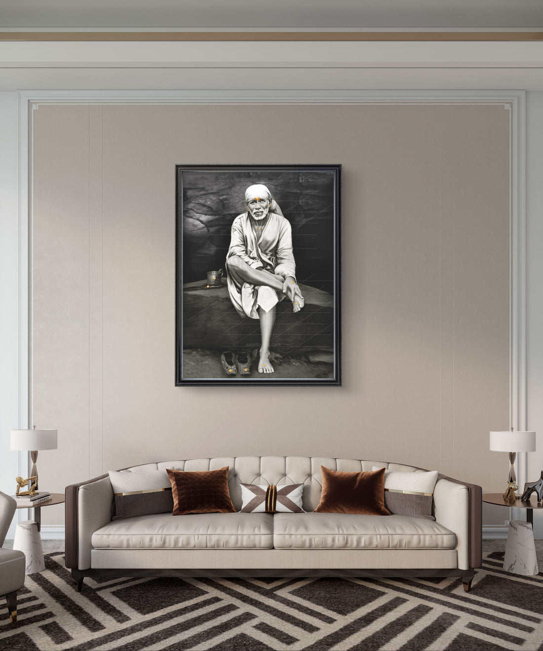 Saibaba on Stone Canvas Print, Black & White Hemant Art