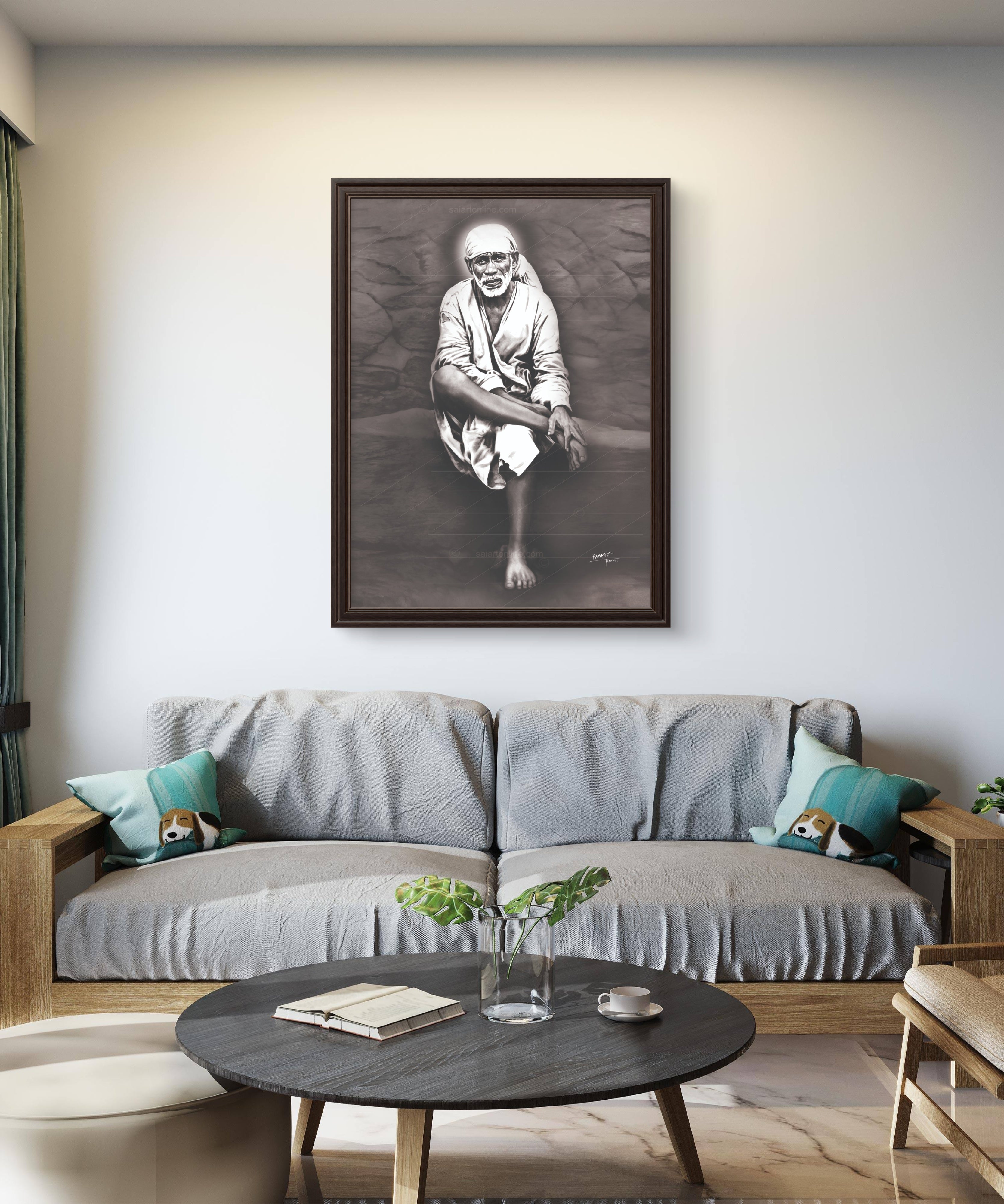 Shirdi Sai Baba Original Photo Sitting on Stone Canvas Painting | UV Coated Waterproof HD Wall Art by Hemant Art
