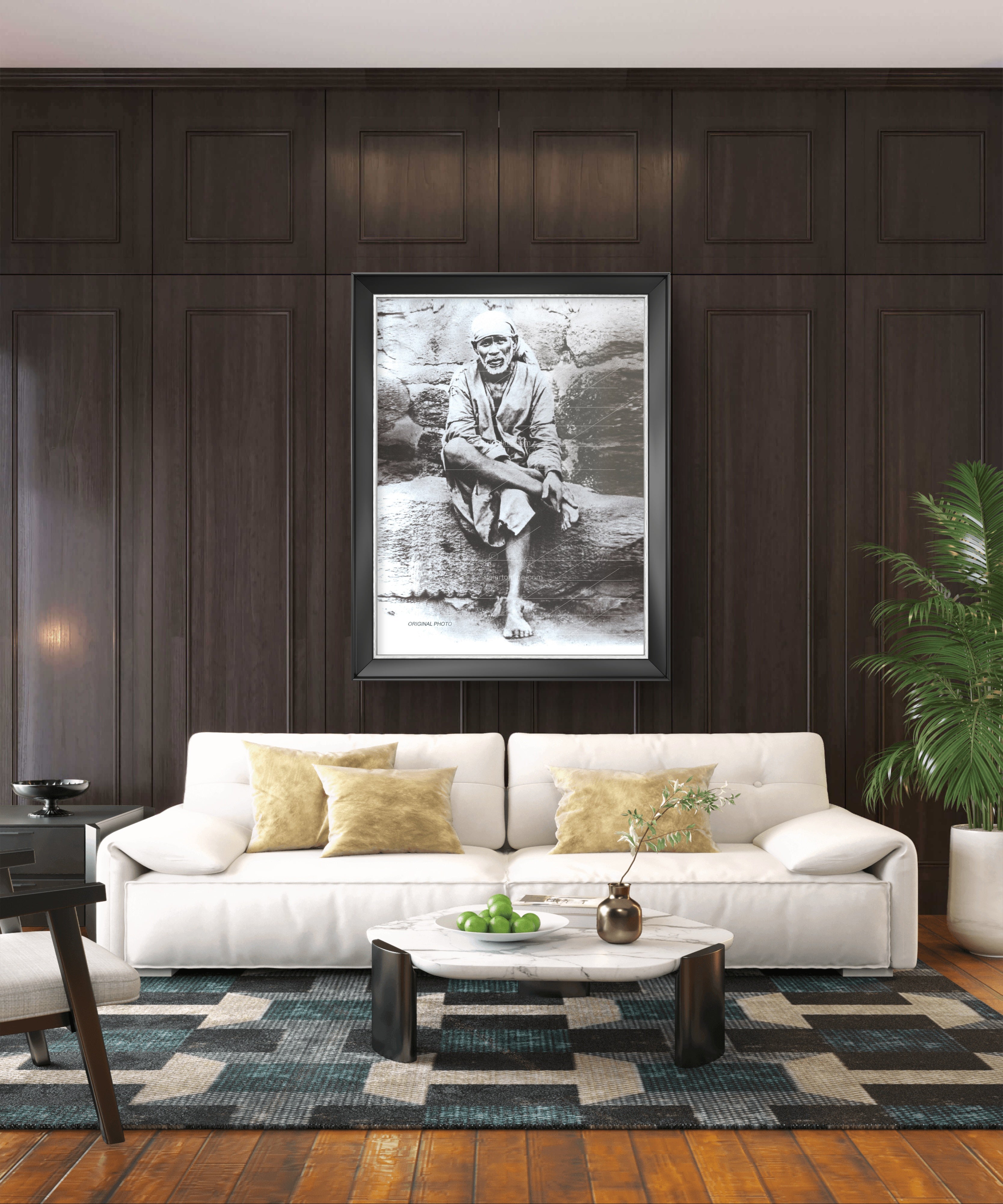 Shirdi Sai Baba Original Photo Sitting On Stone Hand Painting Canvas Reprint Wall Art Decor photo, Picture/Poster