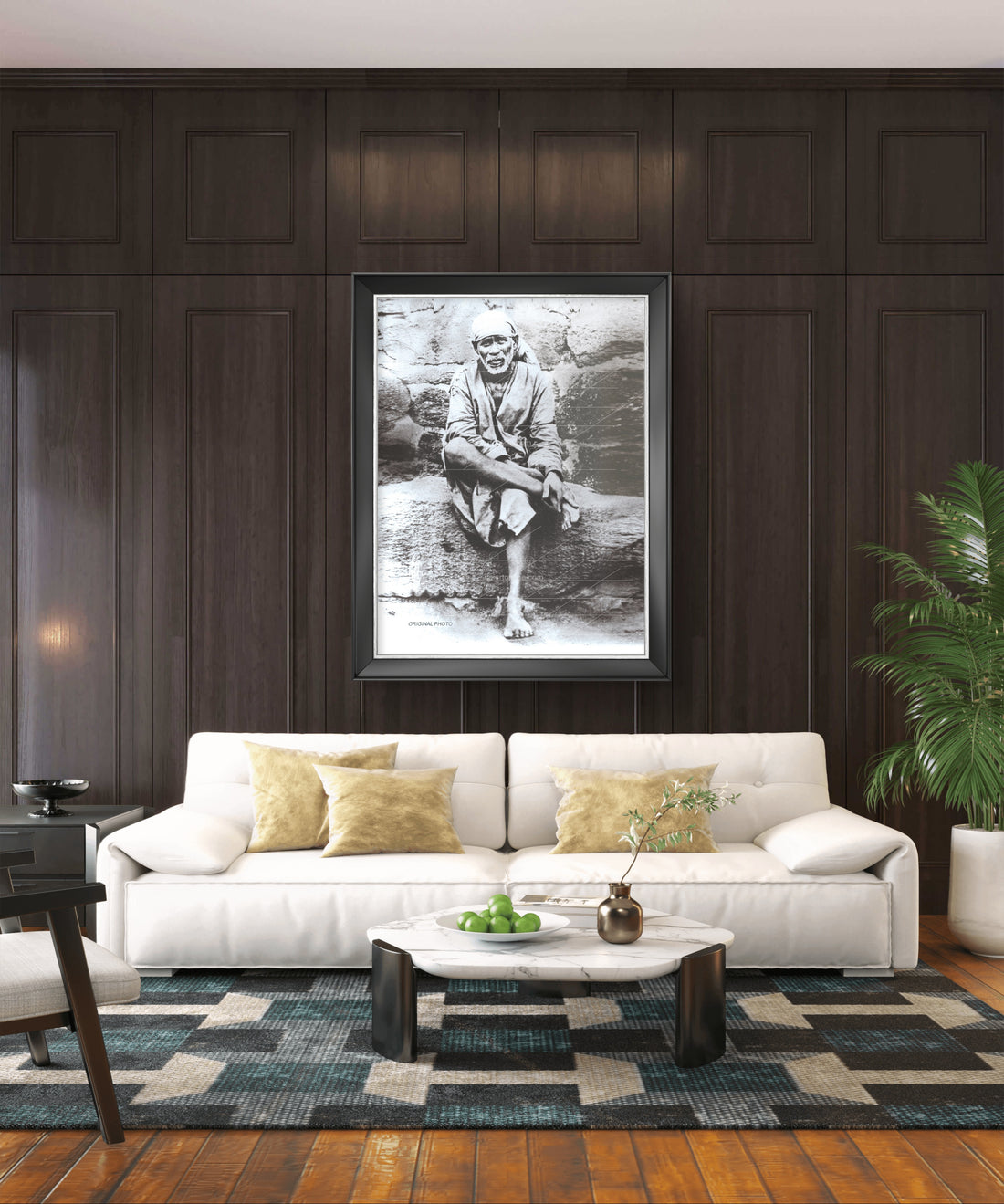 Shirdi Sai Baba Original Photo Sitting on Stone Canvas Reprint | Hemant Art