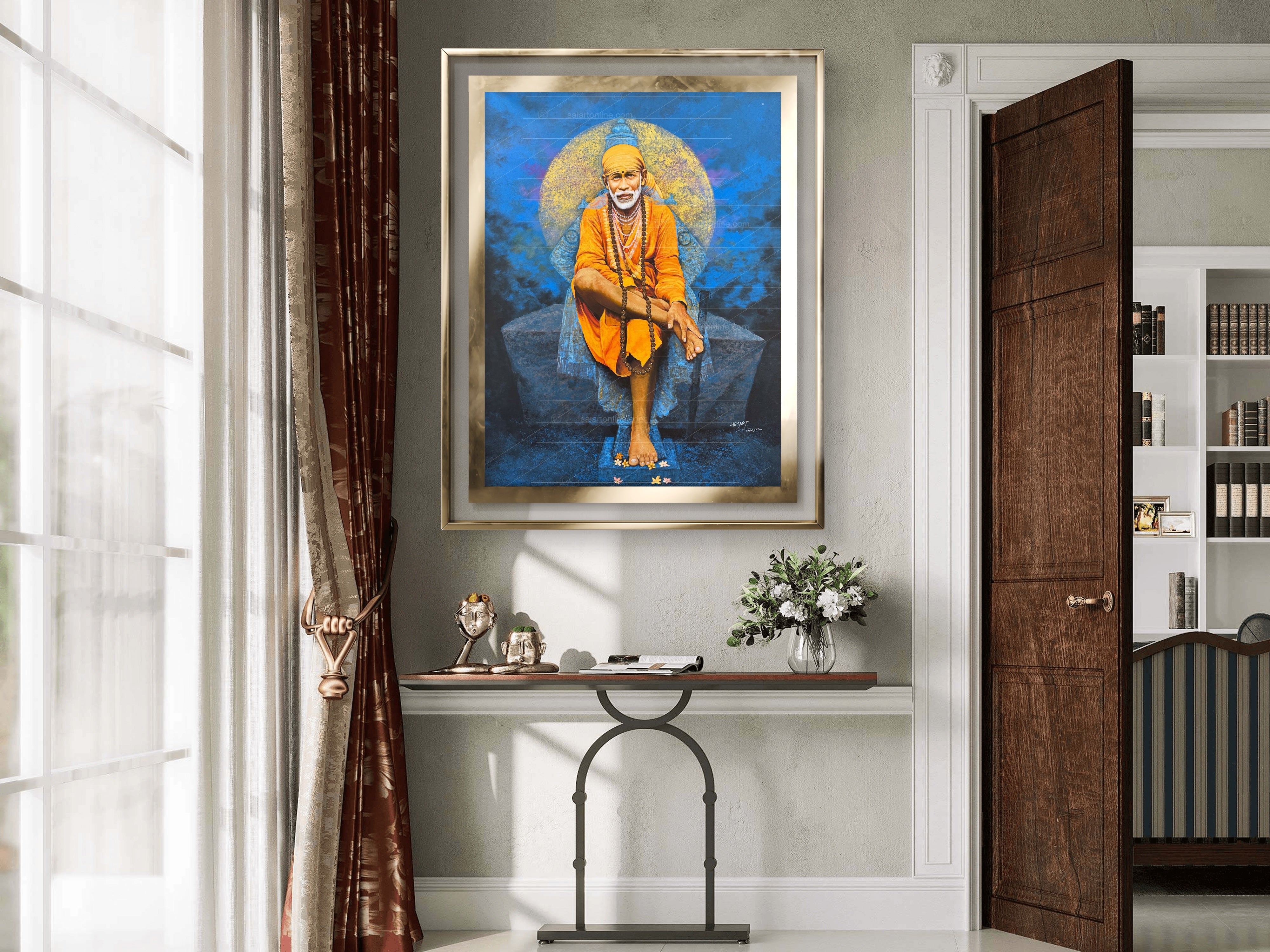 Shirdi Sai Baba Original Photo Sitting on Stone Canvas Painting | UV Coated Waterproof HD Wall Art by Hemant Art