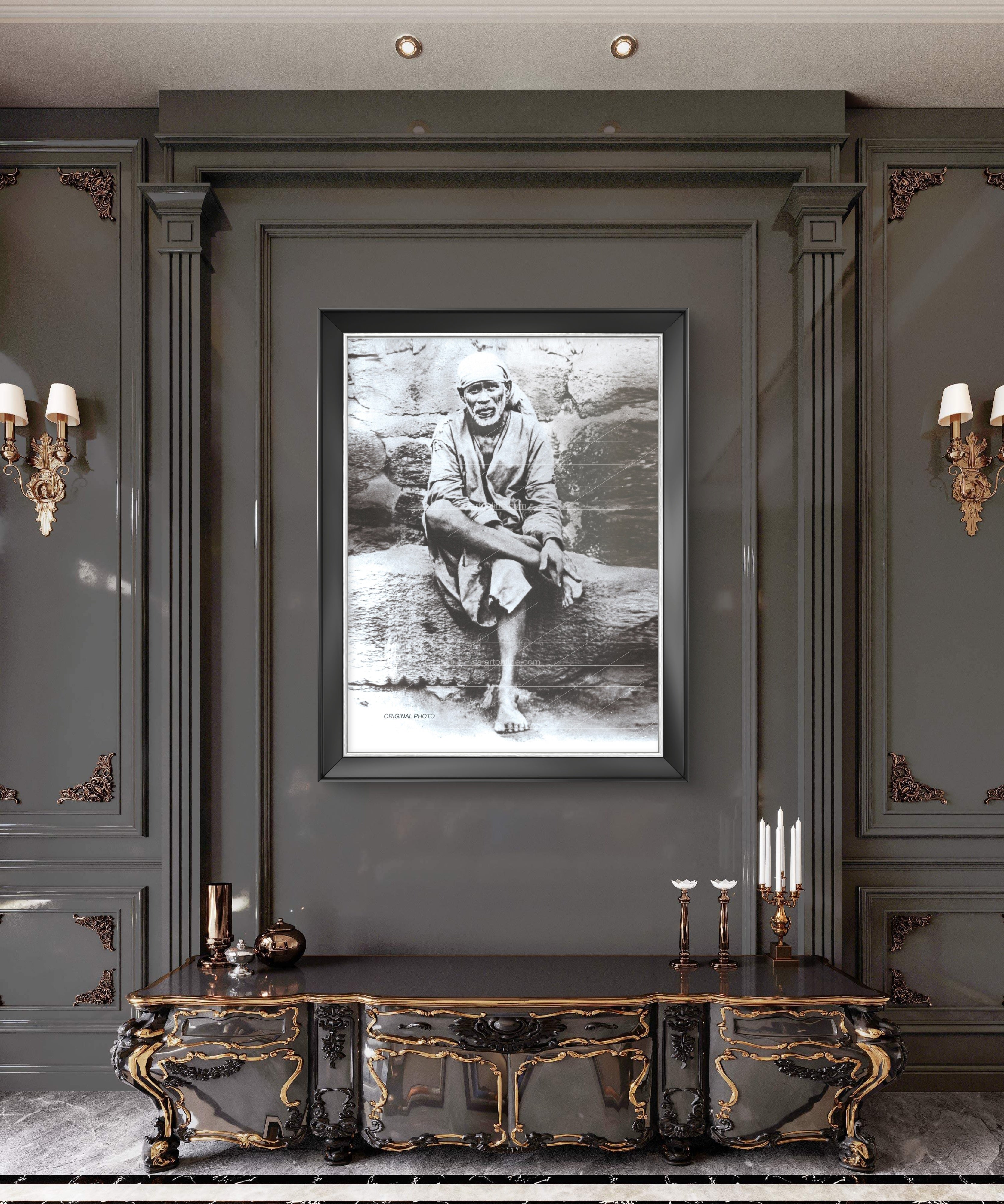 Shirdi Sai Baba Original Photo Sitting On Stone Hand Painting Canvas Reprint Wall Art Decor photo, Picture/Poster