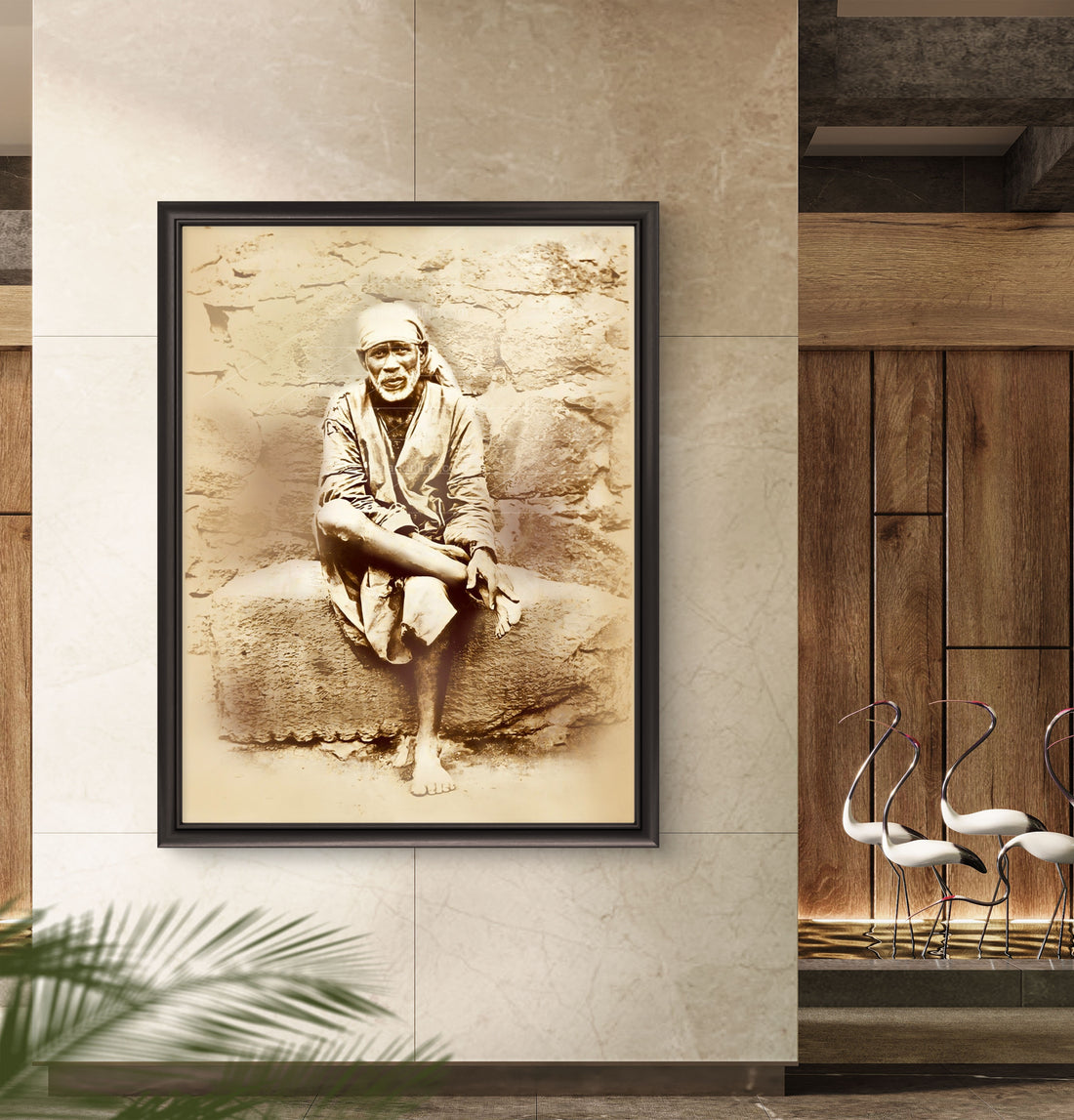 Sai Baba Original Photo Sitting on Stone Canvas Reprint | Hemant Art