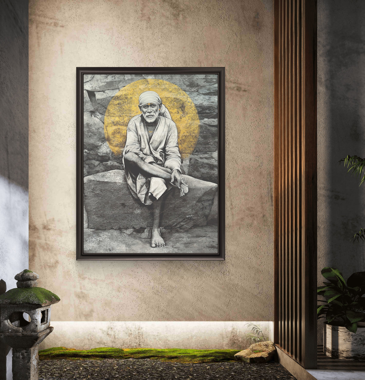 Sai Baba Original Photo Sitting on Stone Canvas Reprint | Hemant Art