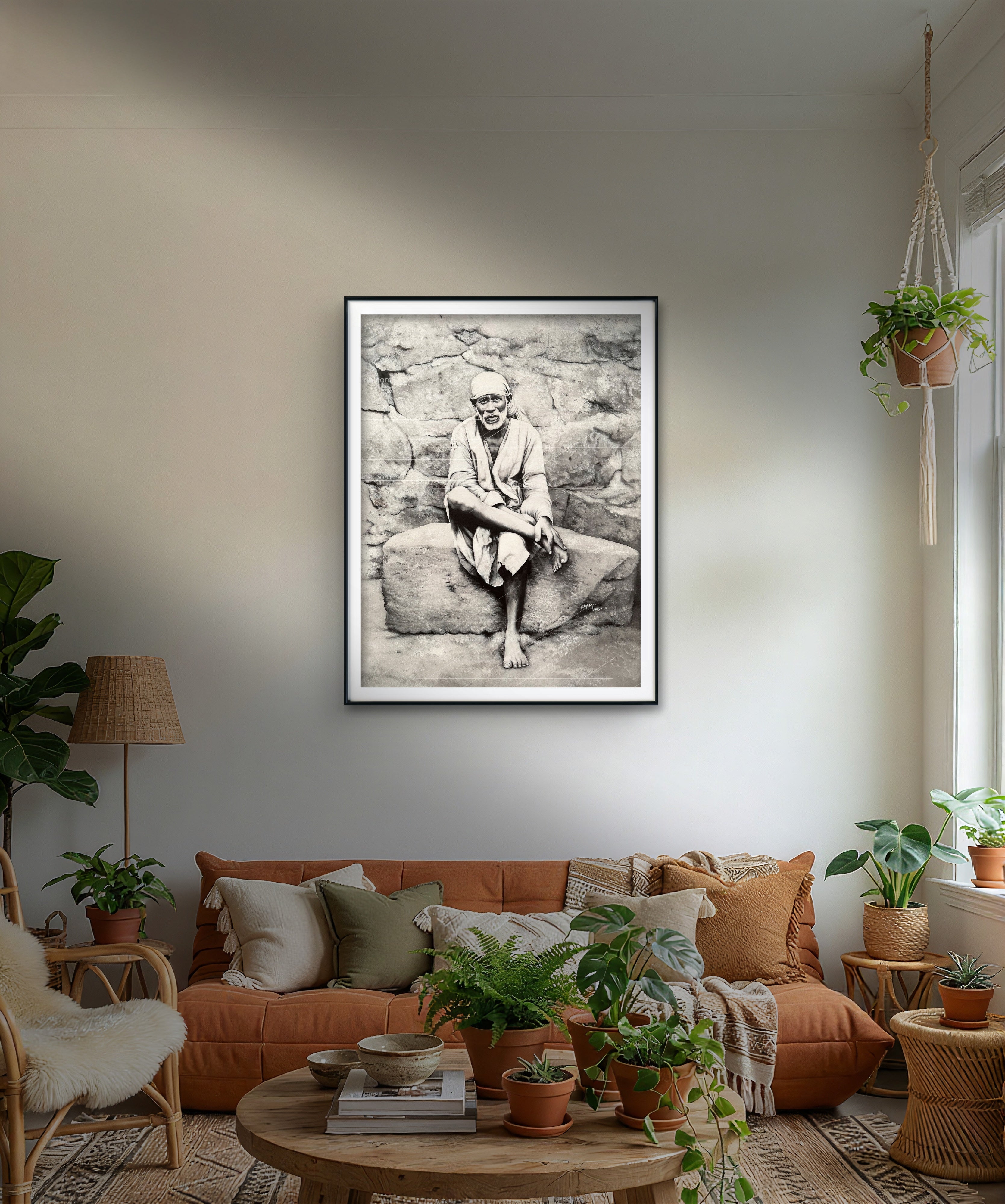 Shirdi Sai Baba Original Photo Sitting on Stone Canvas Painting | UV Coated Waterproof HD Wall Art by Hemant Art