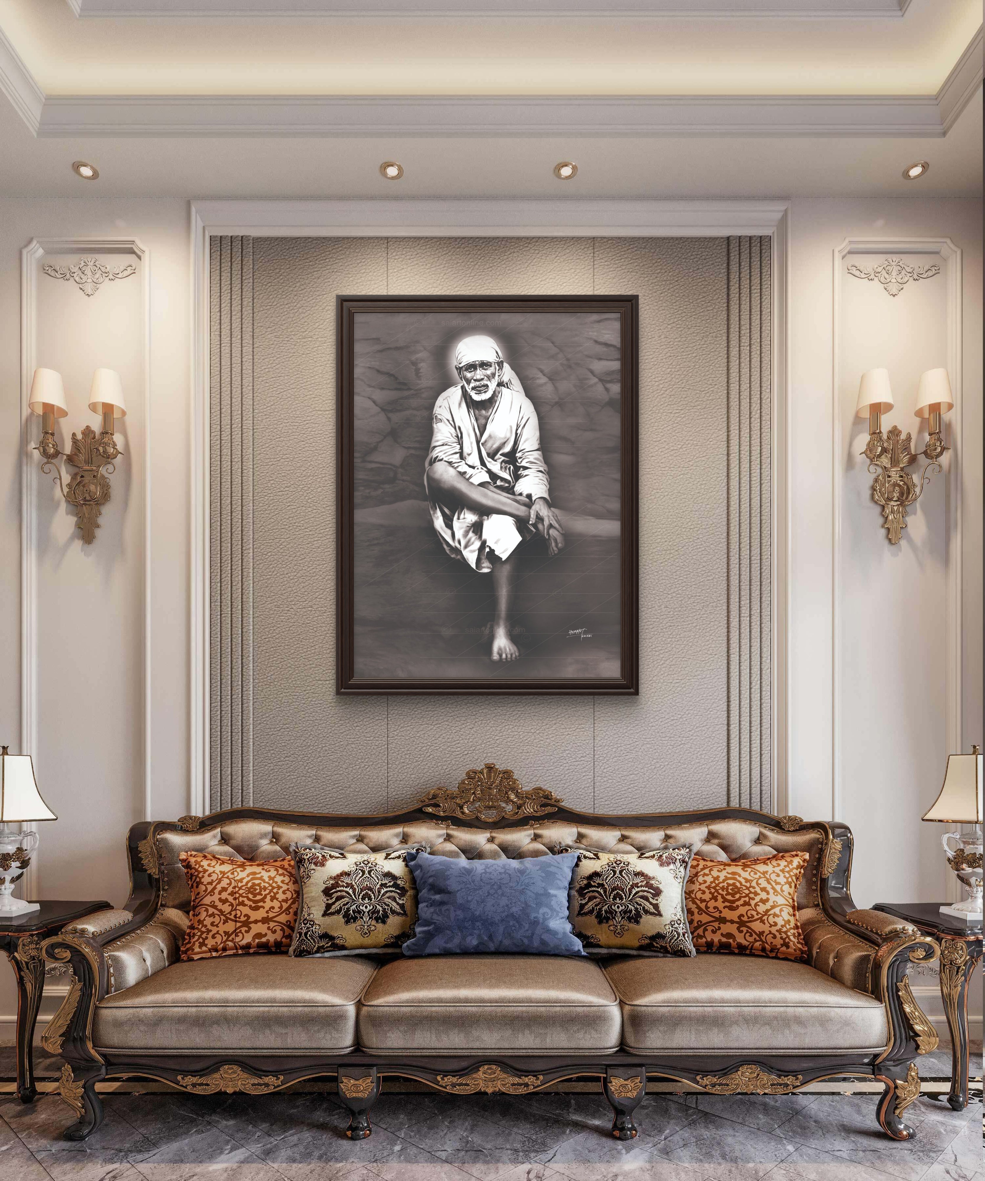 Shirdi Sai Baba Original Photo Sitting on Stone Canvas Painting | UV Coated Waterproof HD Wall Art by Hemant Art