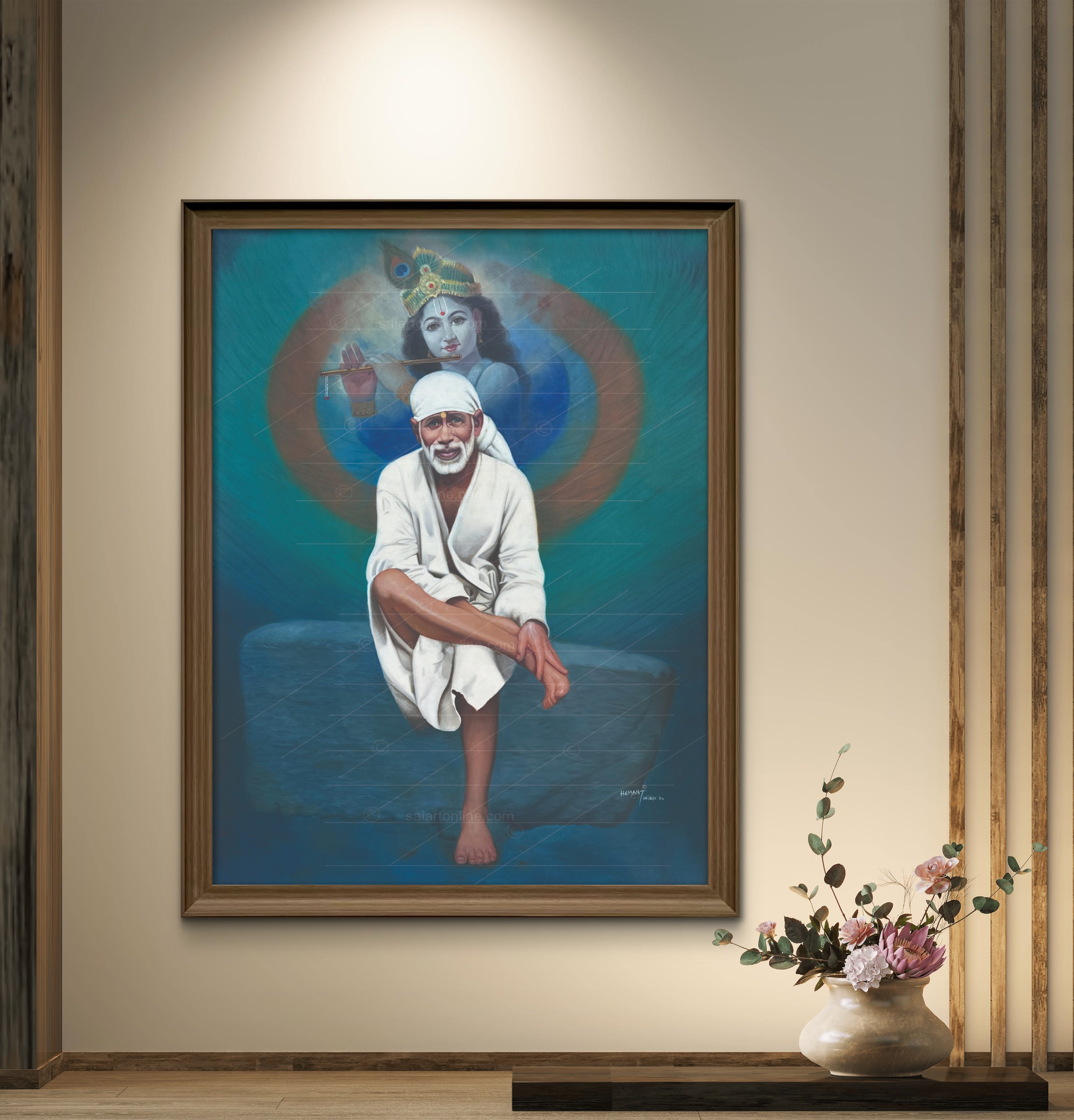 Shirdi Sai Baba Photo Sitting On Stone Hand Painting Canvas Reprint Wall Art Decor photo, Picture/Poster
