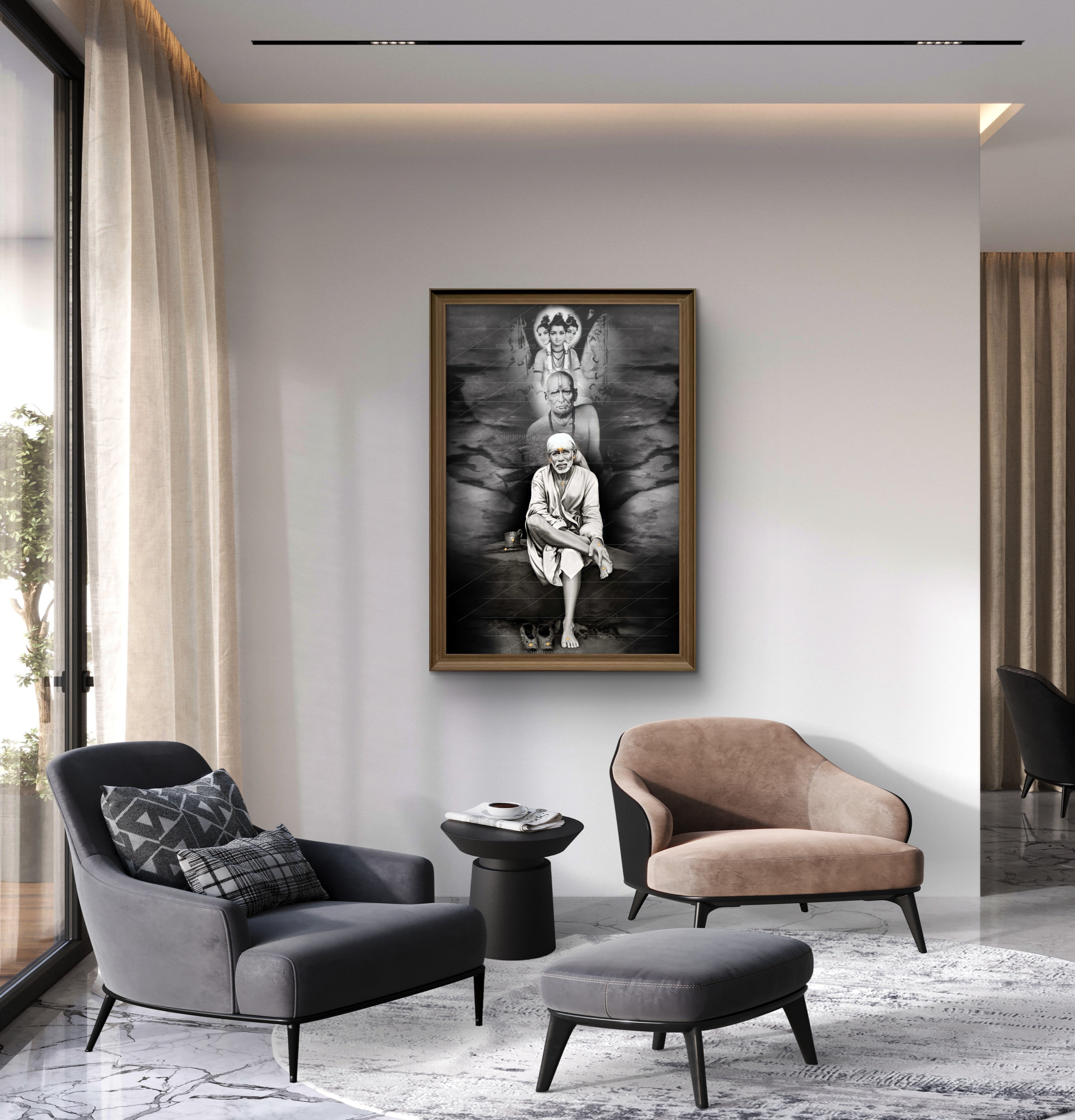 Shirdi Sai Baba Photo Sitting On Stone Hand Painting Canvas Reprint Wall Art Decor photo, Picture/Poster