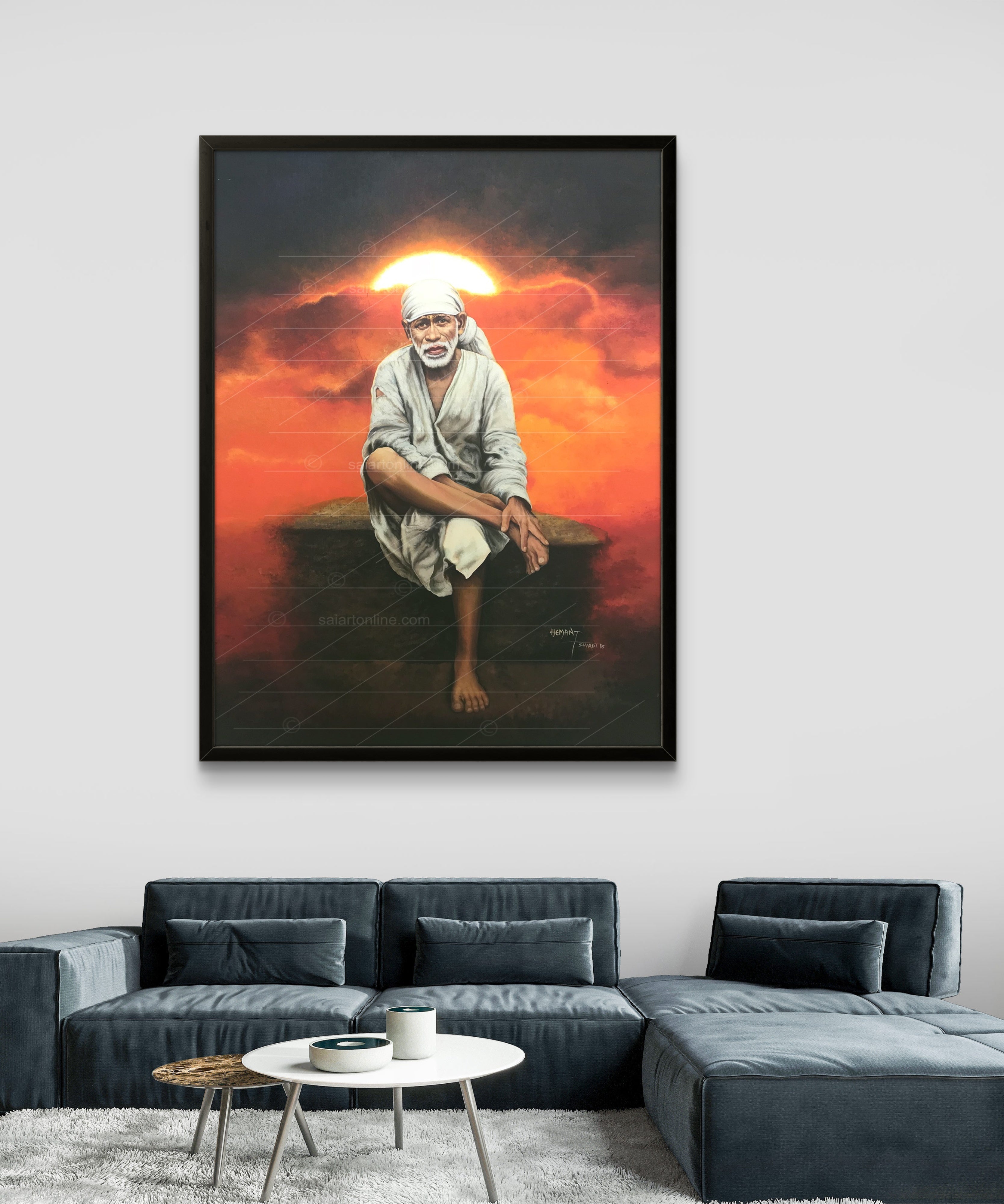 Shirdi Sai Baba Original Photo Sitting on Stone Canvas Painting | UV Coated Waterproof HD Wall Art by Hemant Art