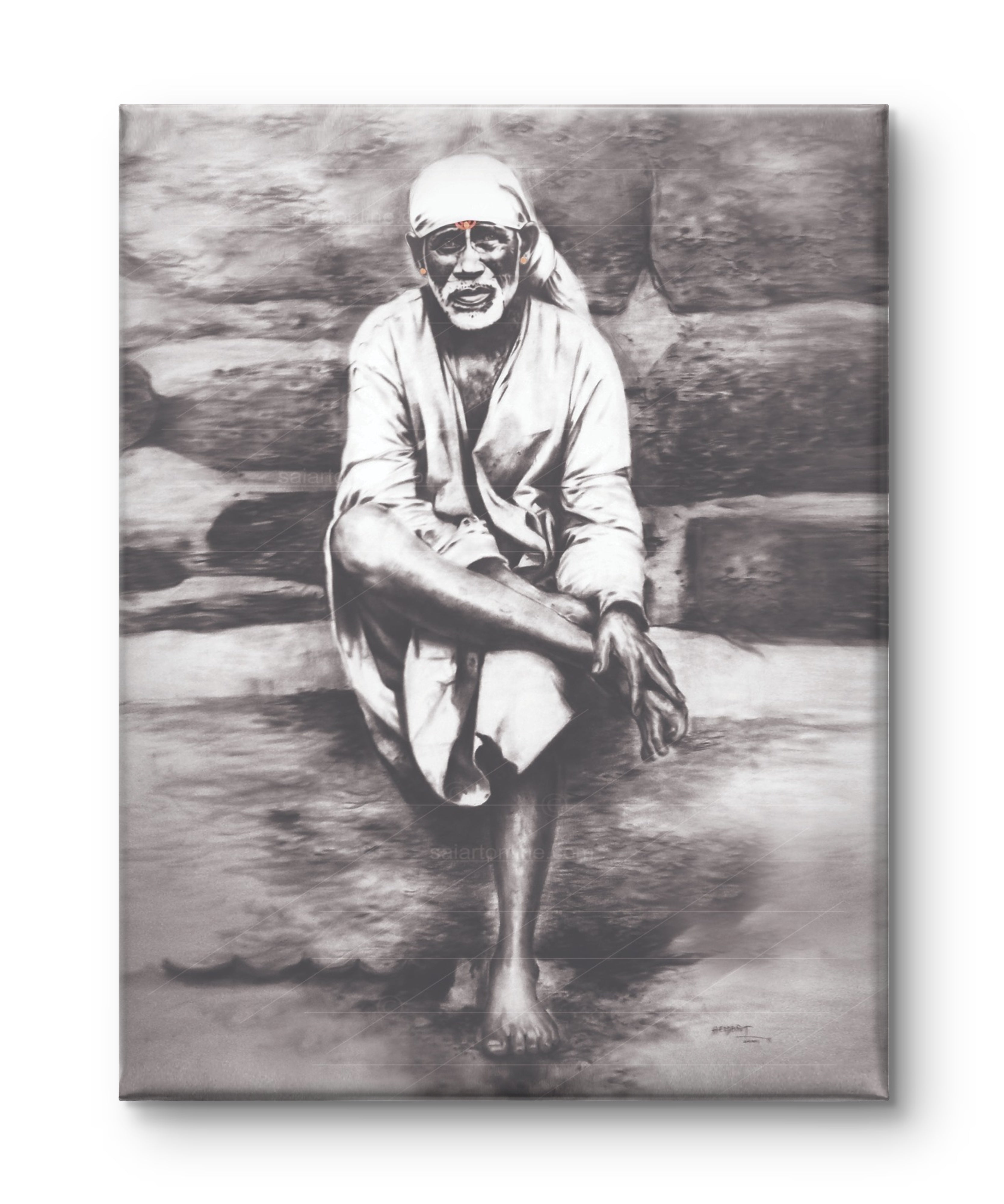 Shirdi Sai Baba Original Photo Sitting on Stone Canvas Painting | UV Coated Waterproof HD Wall Art by Hemant Art