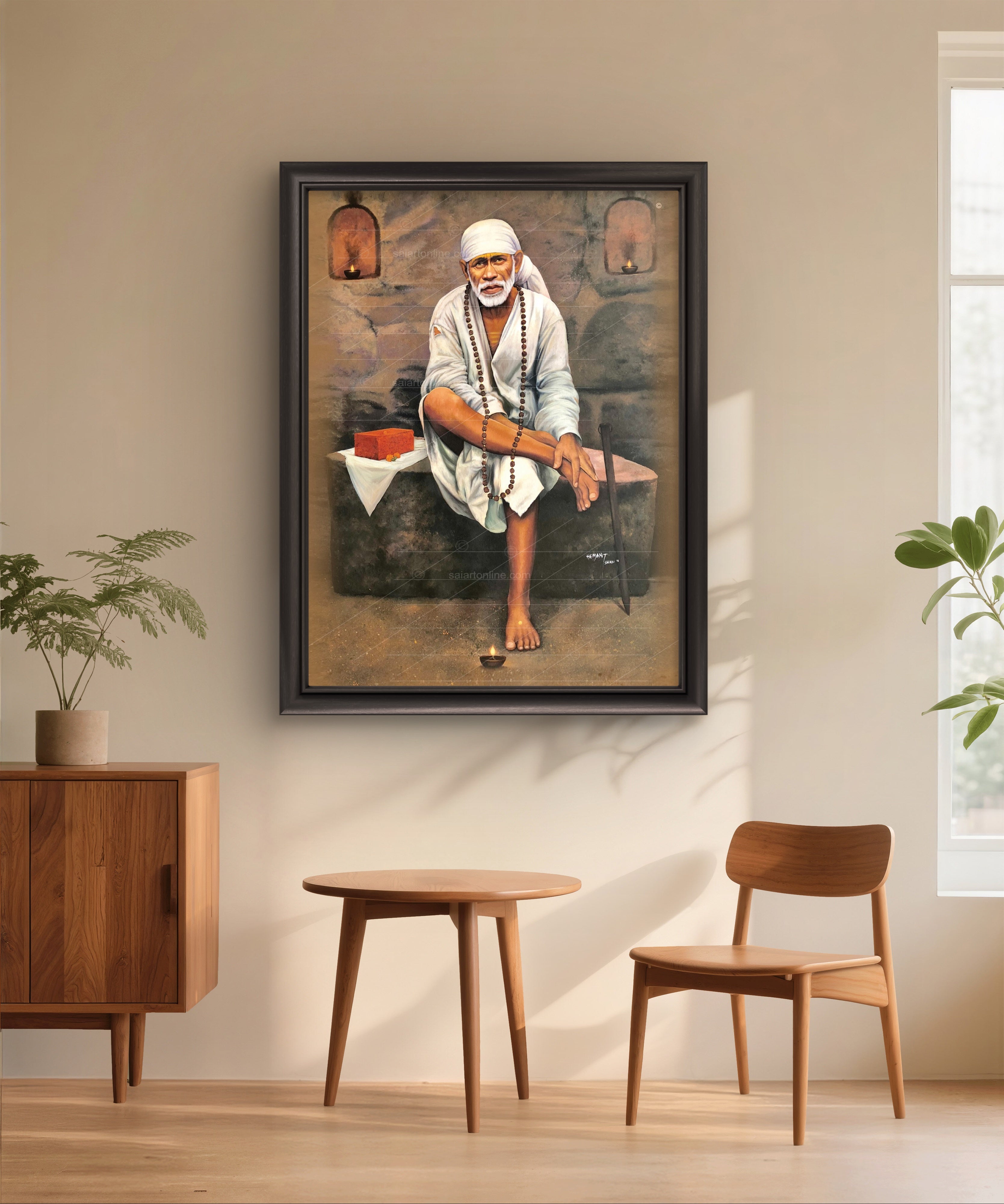 Shirdi Sai Baba Original Photo Sitting on Stone Canvas Painting | UV Coated Waterproof HD Wall Art by Hemant Art