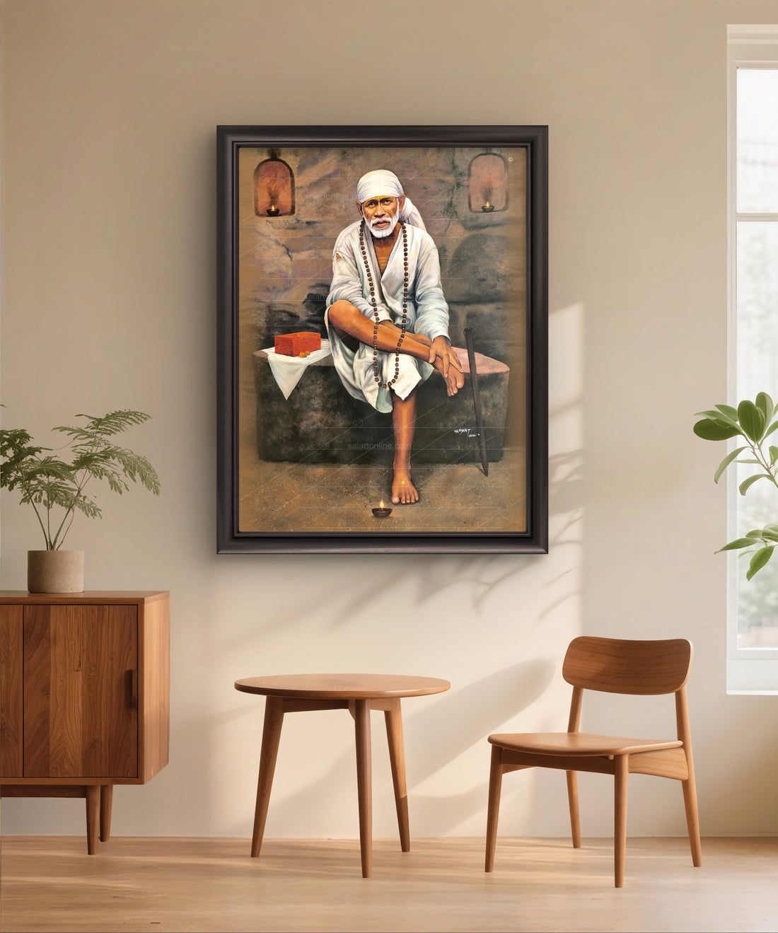 Shirdi Sai Baba Original Photo Sitting on Stone Canvas Reprint | Hemant Art