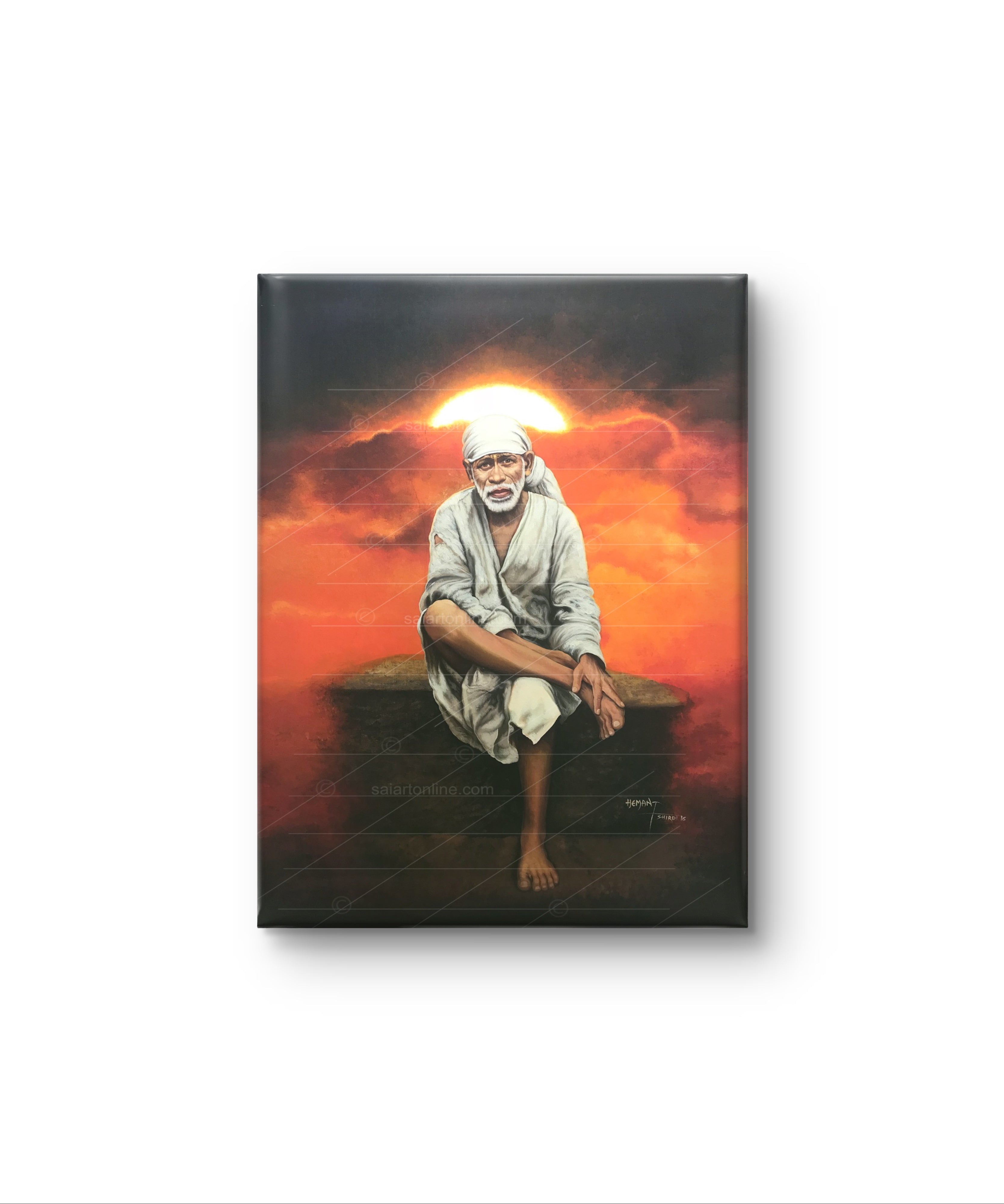 Shirdi Sai Baba Original Photo Sitting on Stone Canvas Painting | UV Coated Waterproof HD Wall Art by Hemant Art
