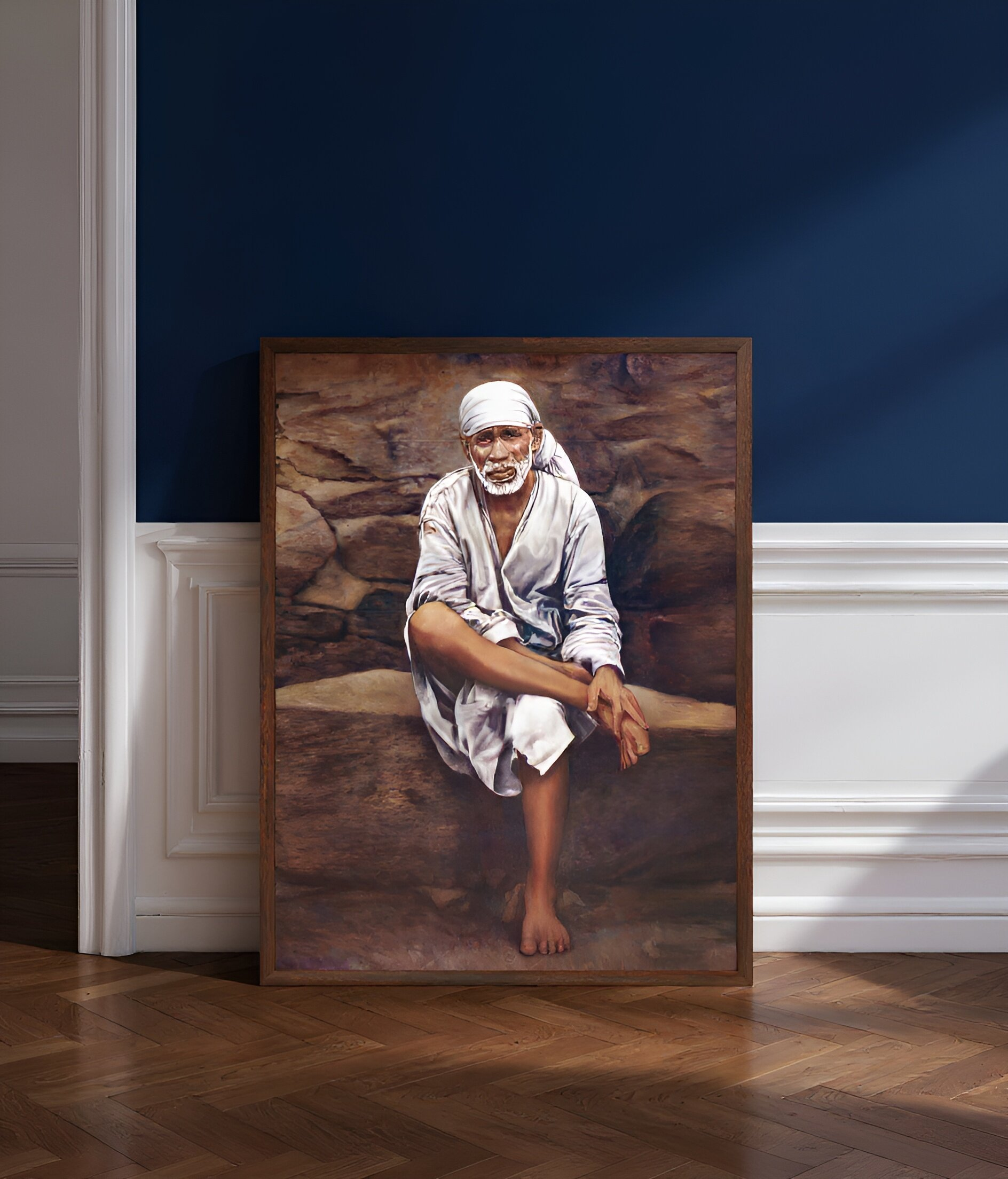Shirdi Sai Baba Original Photo Sitting on Stone Canvas Painting | UV Coated Waterproof HD Wall Art by Hemant Art