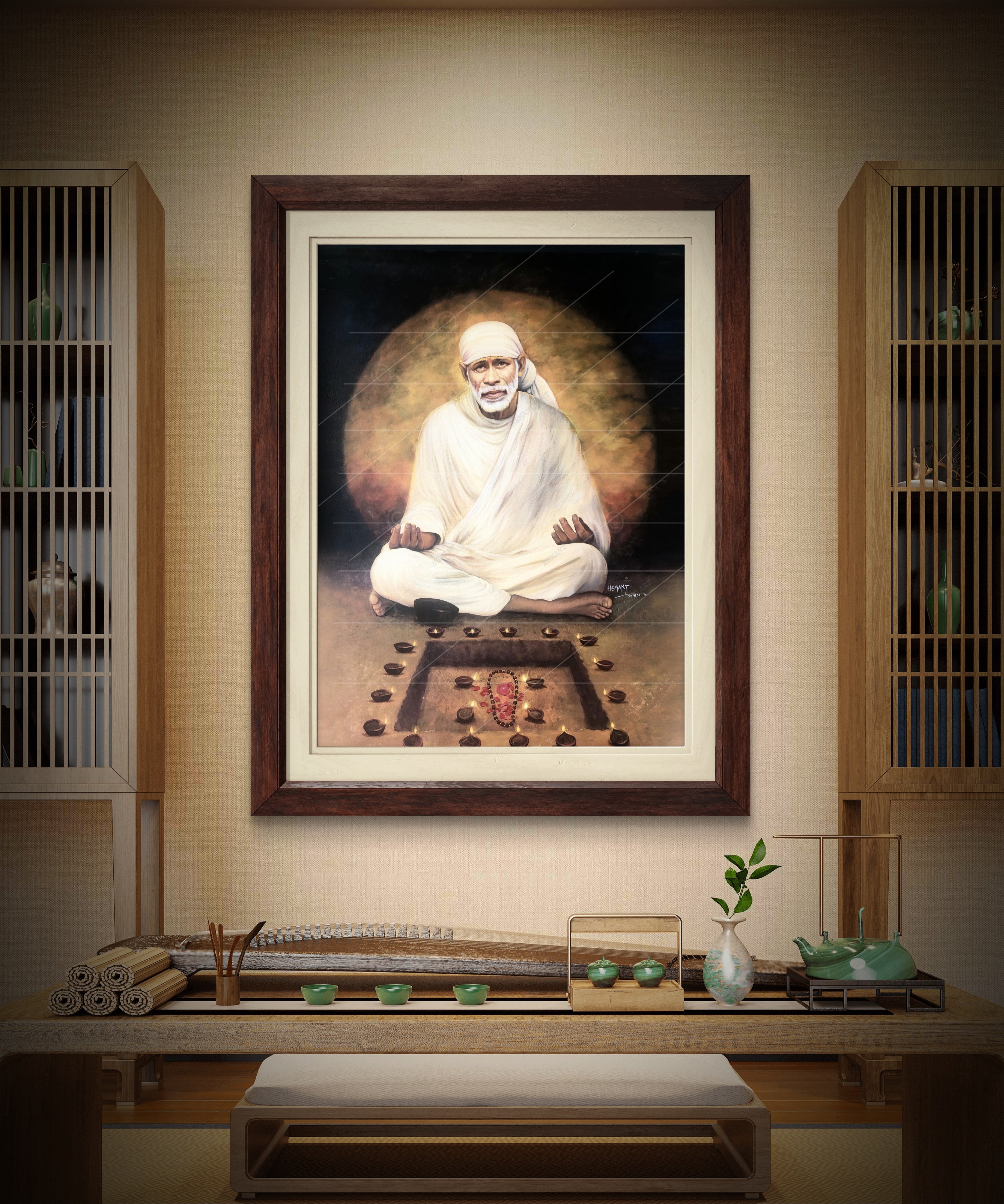 Hemant art Shirdi Sai Baba Meditation Photo Frame Canvas Painting Canvas Wall Art – Spiritual Home Decor for Puja Room & Meditation Space