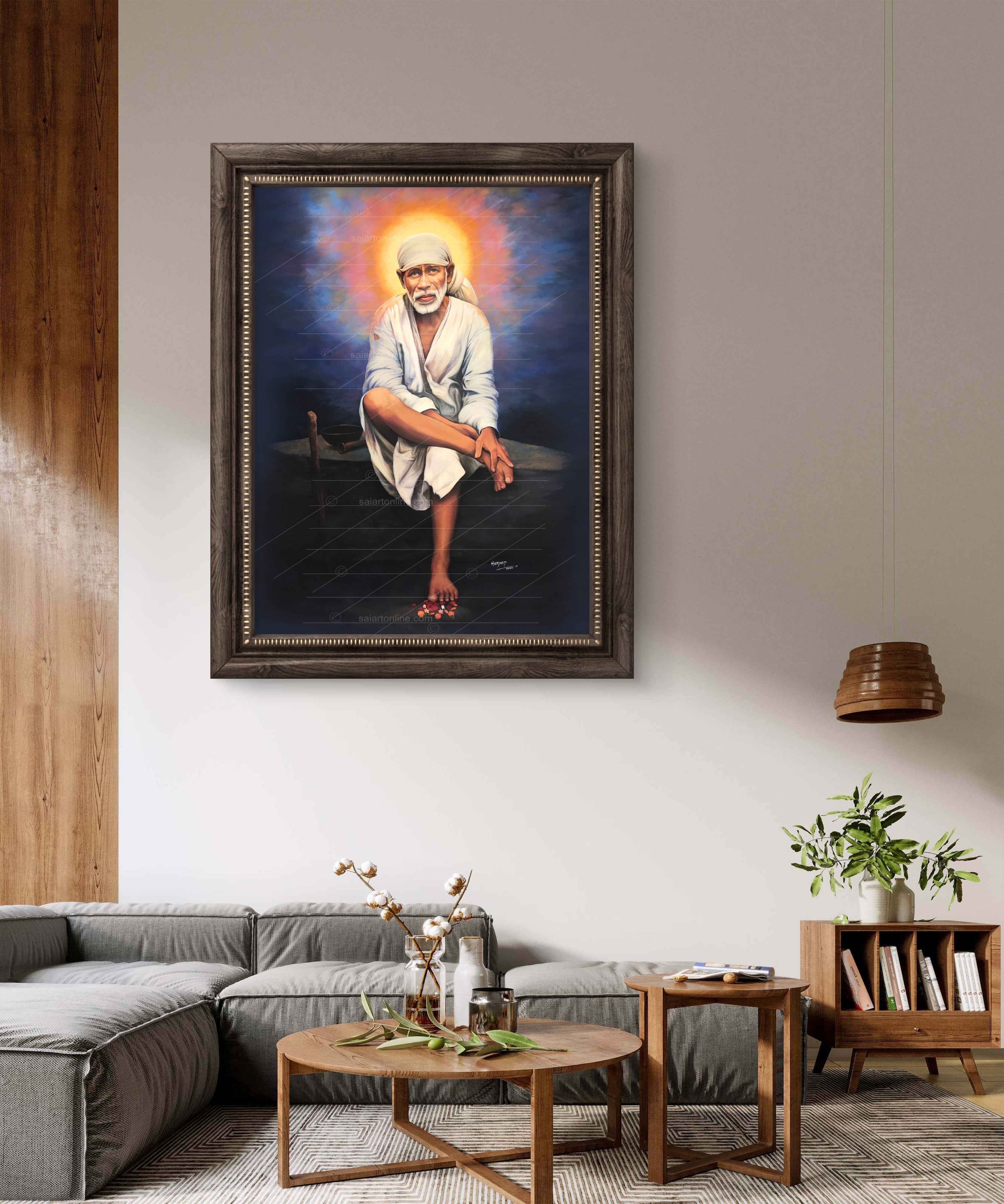 Shirdi Sai Baba Original Photo Sitting on Stone Canvas Painting | UV Coated Waterproof HD Wall Art by Hemant Art