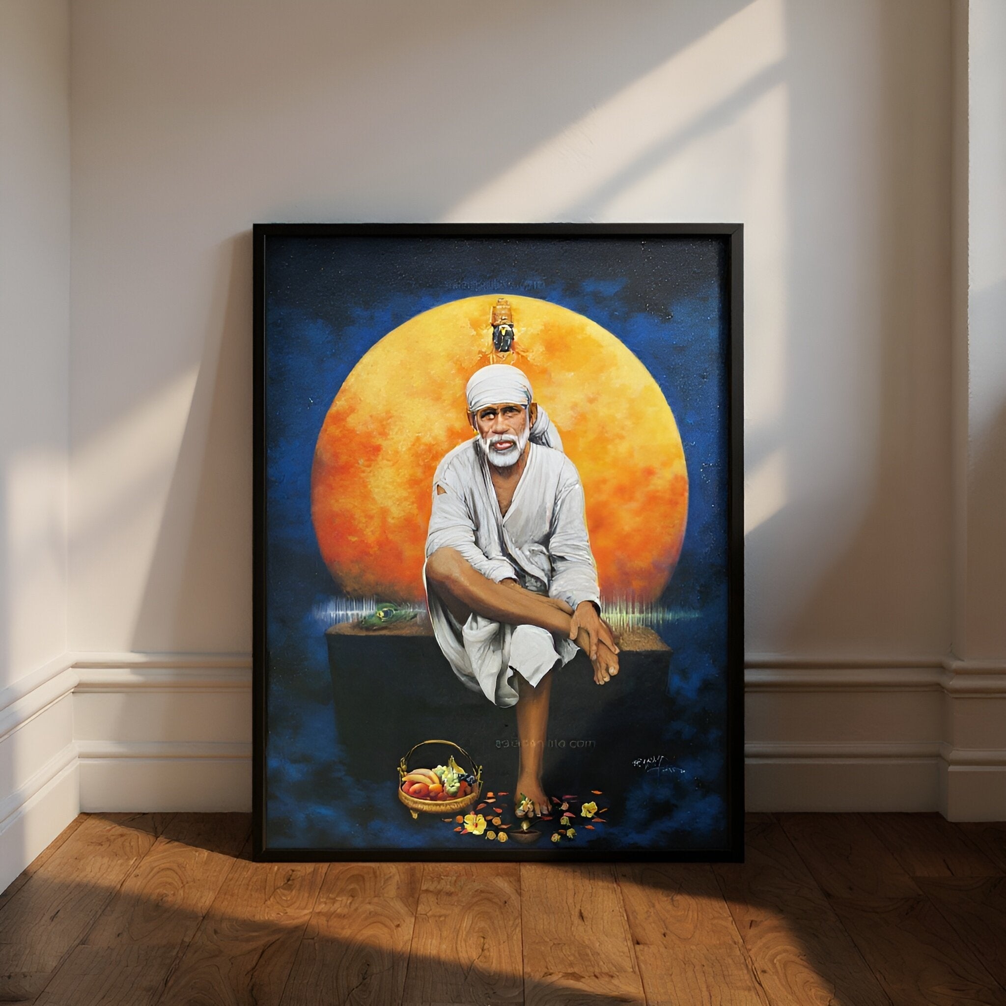 Shirdi Sai Baba Original Photo Sitting on Stone Canvas Painting | UV Coated Waterproof HD Wall Art by Hemant Art
