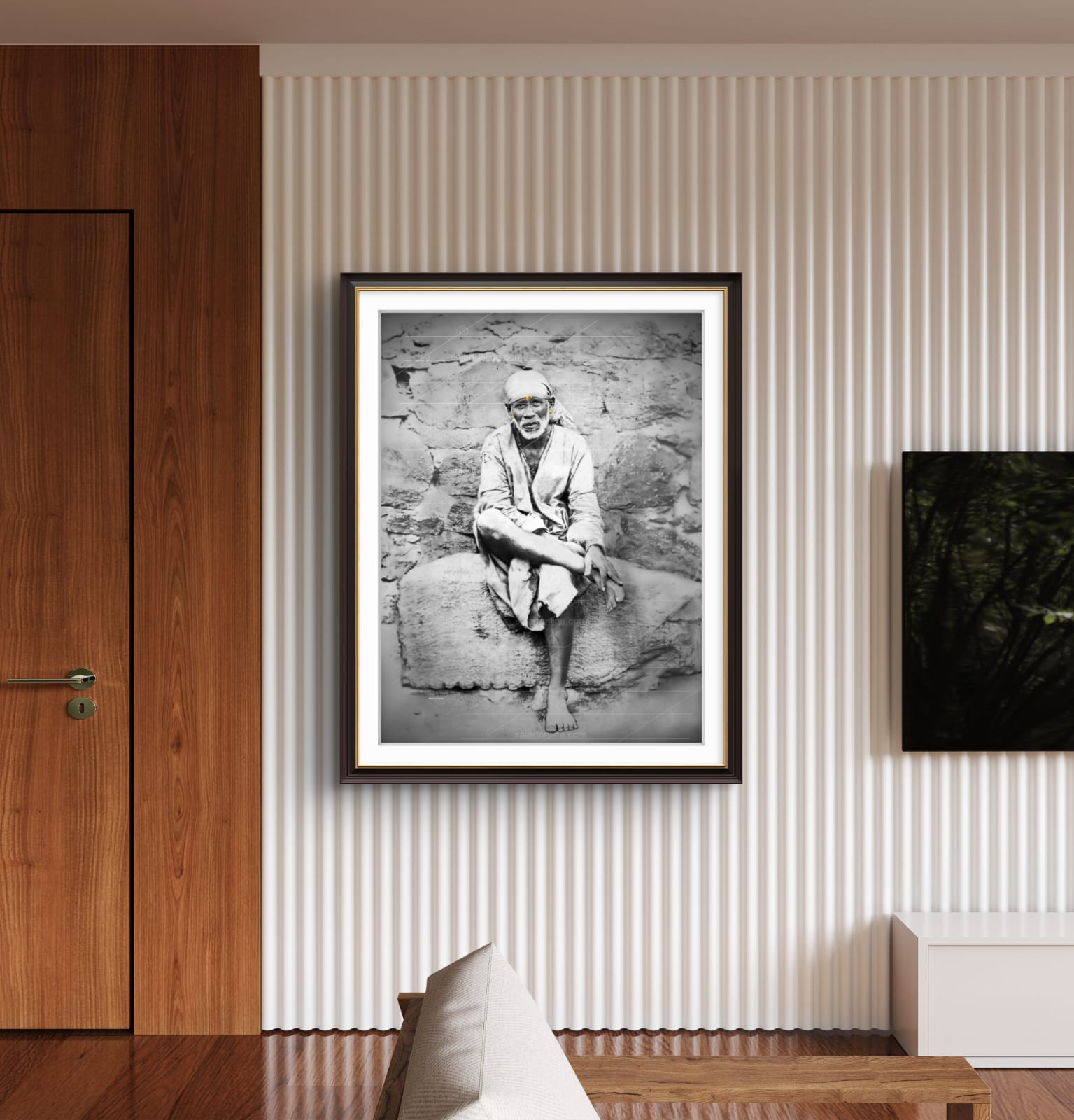 Shirdi Sai Baba Original Photo Sitting on Stone Canvas Painting | UV Coated Waterproof HD Wall Art by Hemant Art