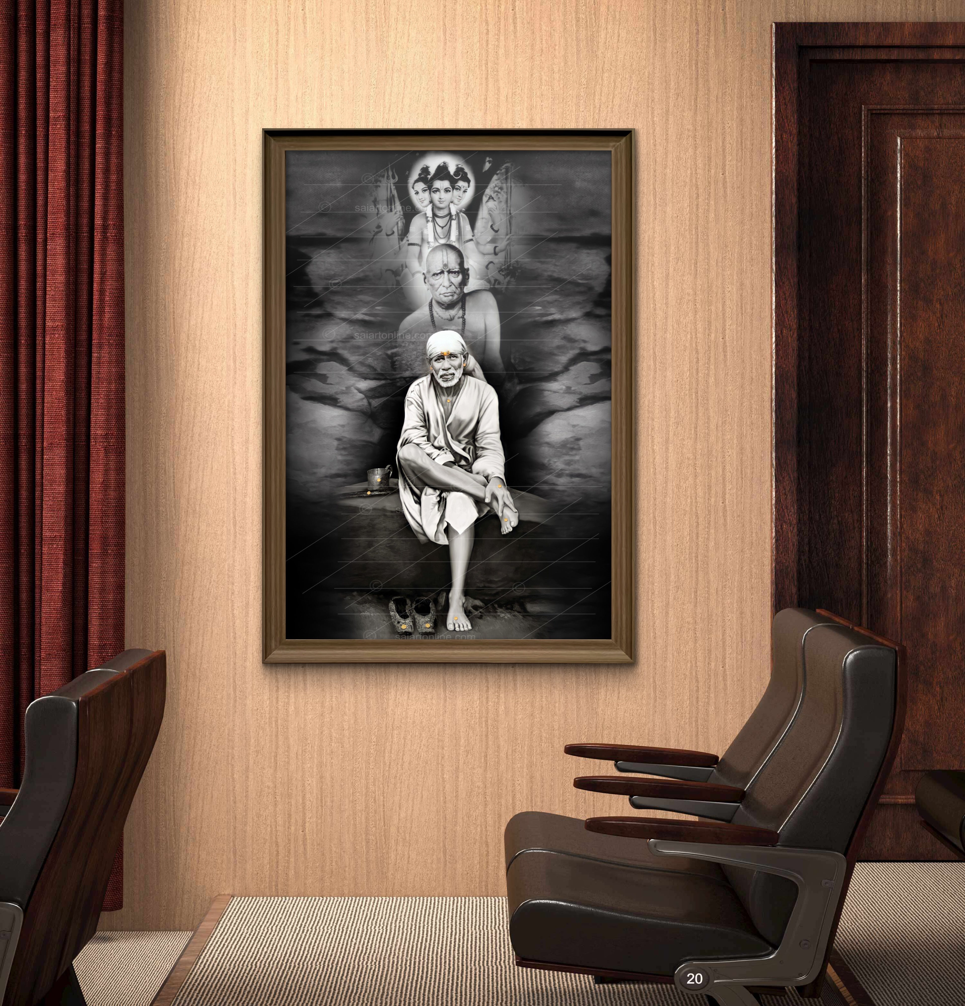 Shirdi Sai Baba Photo Sitting On Stone Hand Painting Canvas Reprint Wall Art Decor photo, Picture/Poster