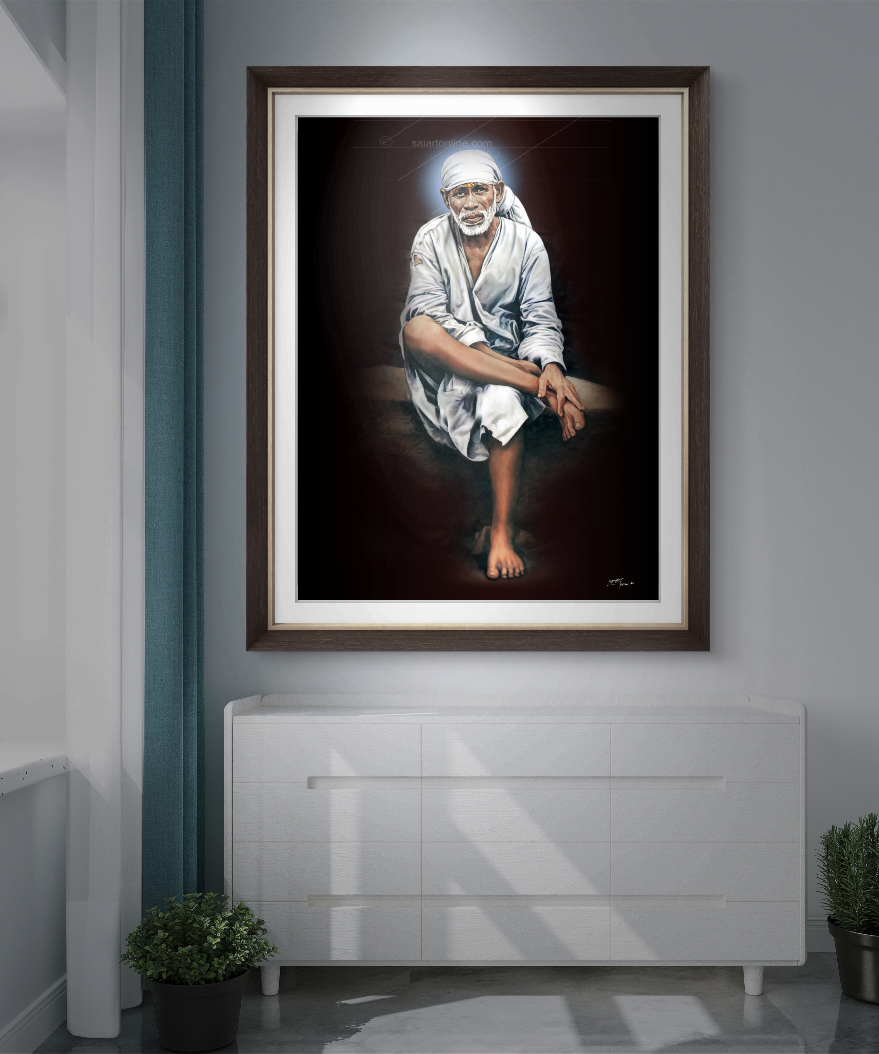 Shirdi Sai Baba Original Photo Sitting on Stone Canvas Painting | UV Coated Waterproof HD Wall Art by Hemant Art