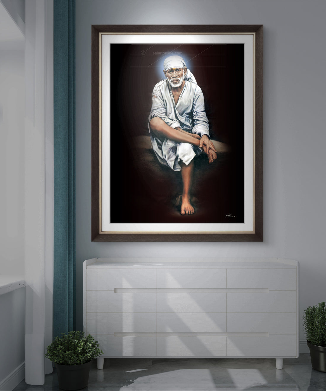 Shirdi Sai Baba Original Photo Sitting on Stone Canvas Painting | Hemant Art