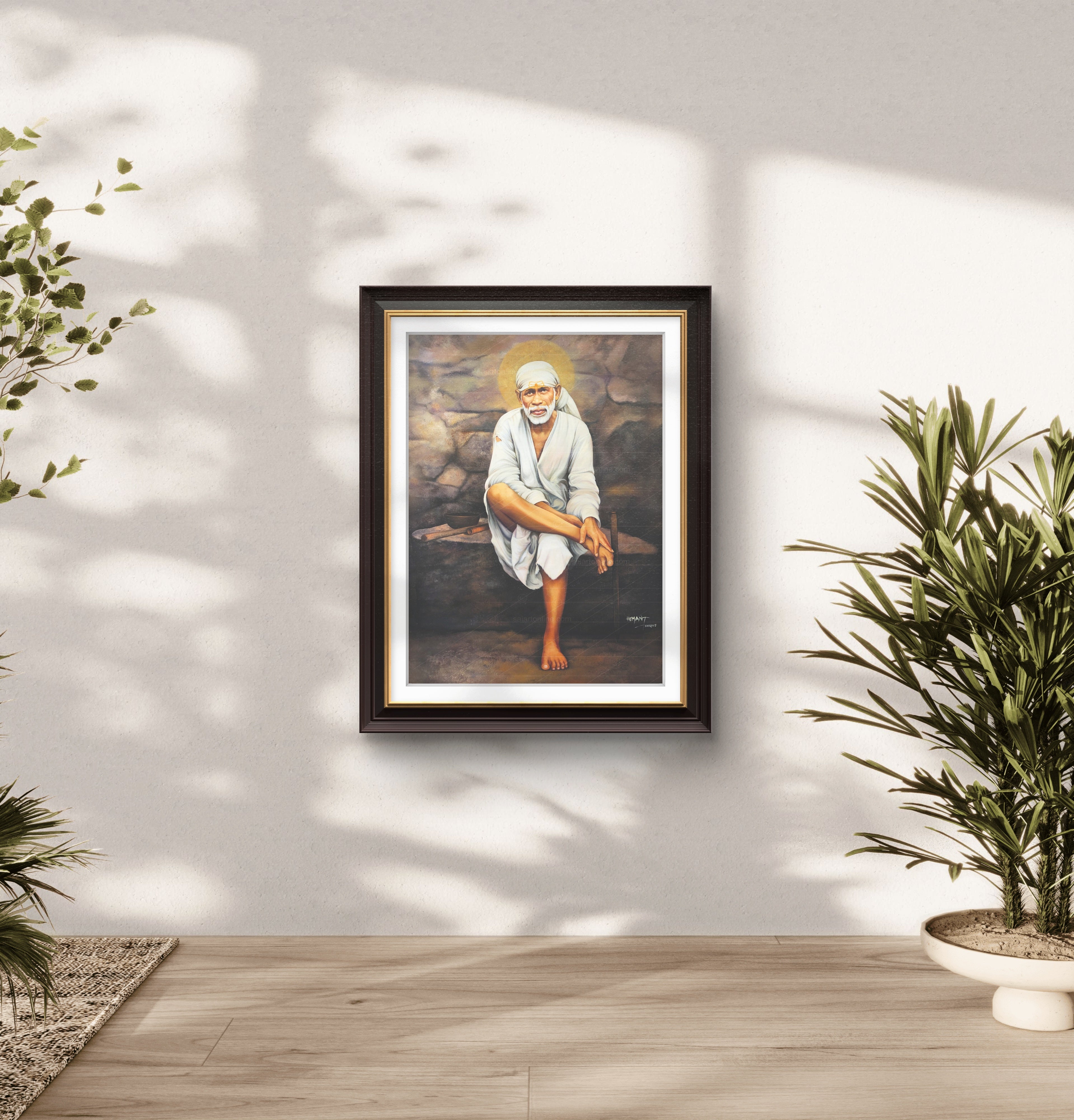 Shirdi Sai Baba Original Photo Sitting on Stone Canvas Painting | UV Coated Waterproof HD Wall Art by Hemant Art