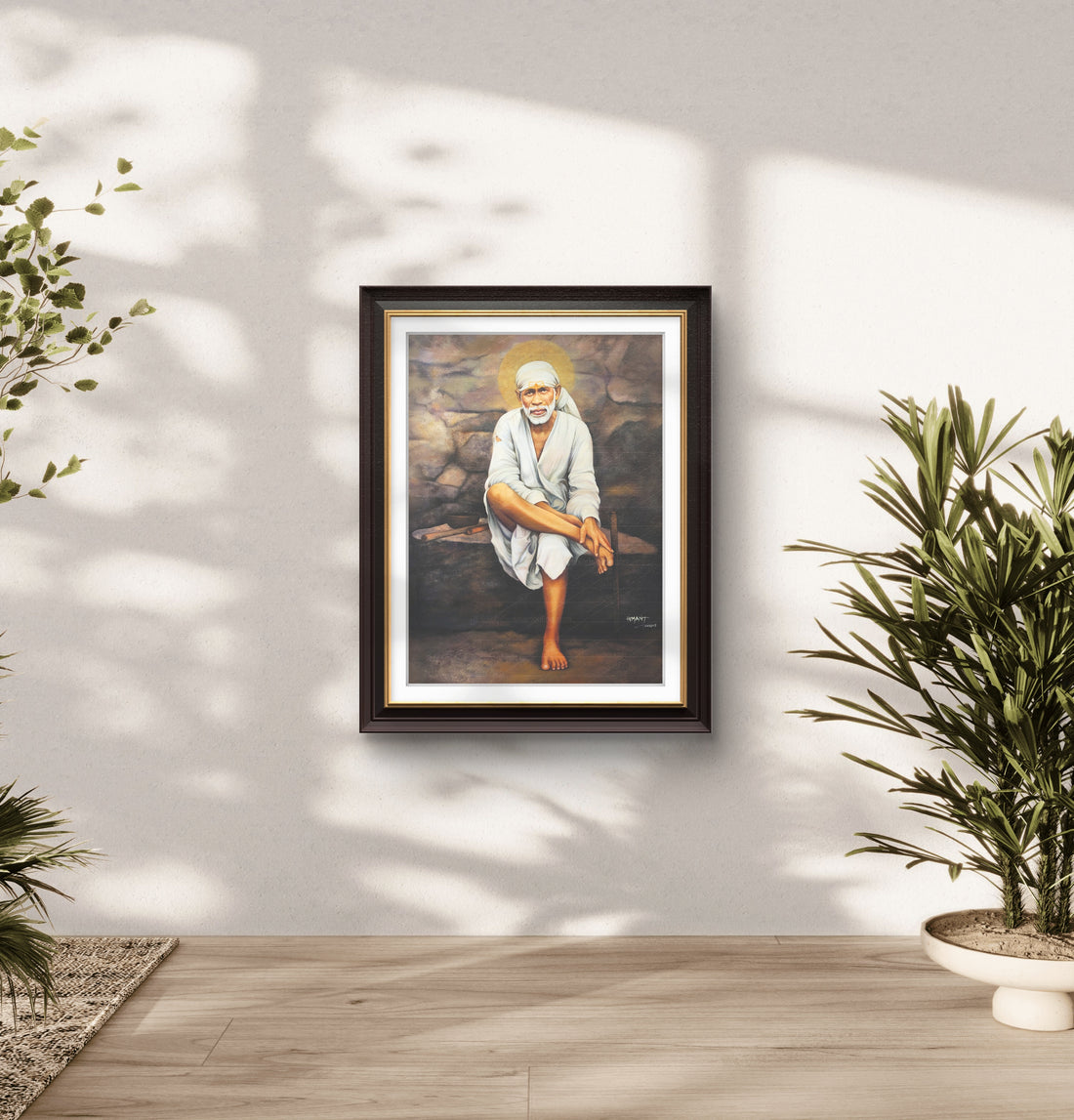 Sai Baba Original Photo Sitting on Stone Canvas Painting | Hemant Art