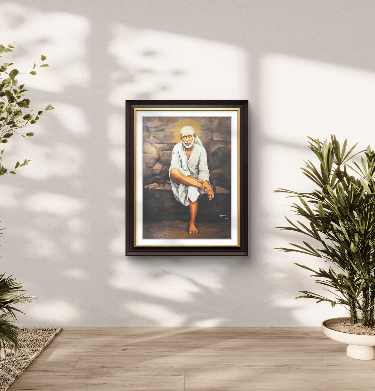 Sai Baba Original Photo Sitting on Stone Canvas Painting | Hemant Art