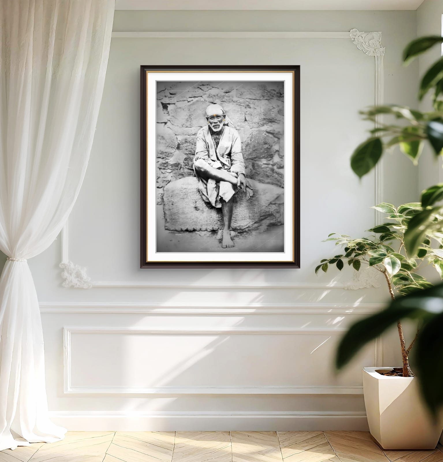 Shirdi Sai Baba Original Photo Sitting on Stone Canvas Painting | UV Coated Waterproof HD Wall Art by Hemant Art