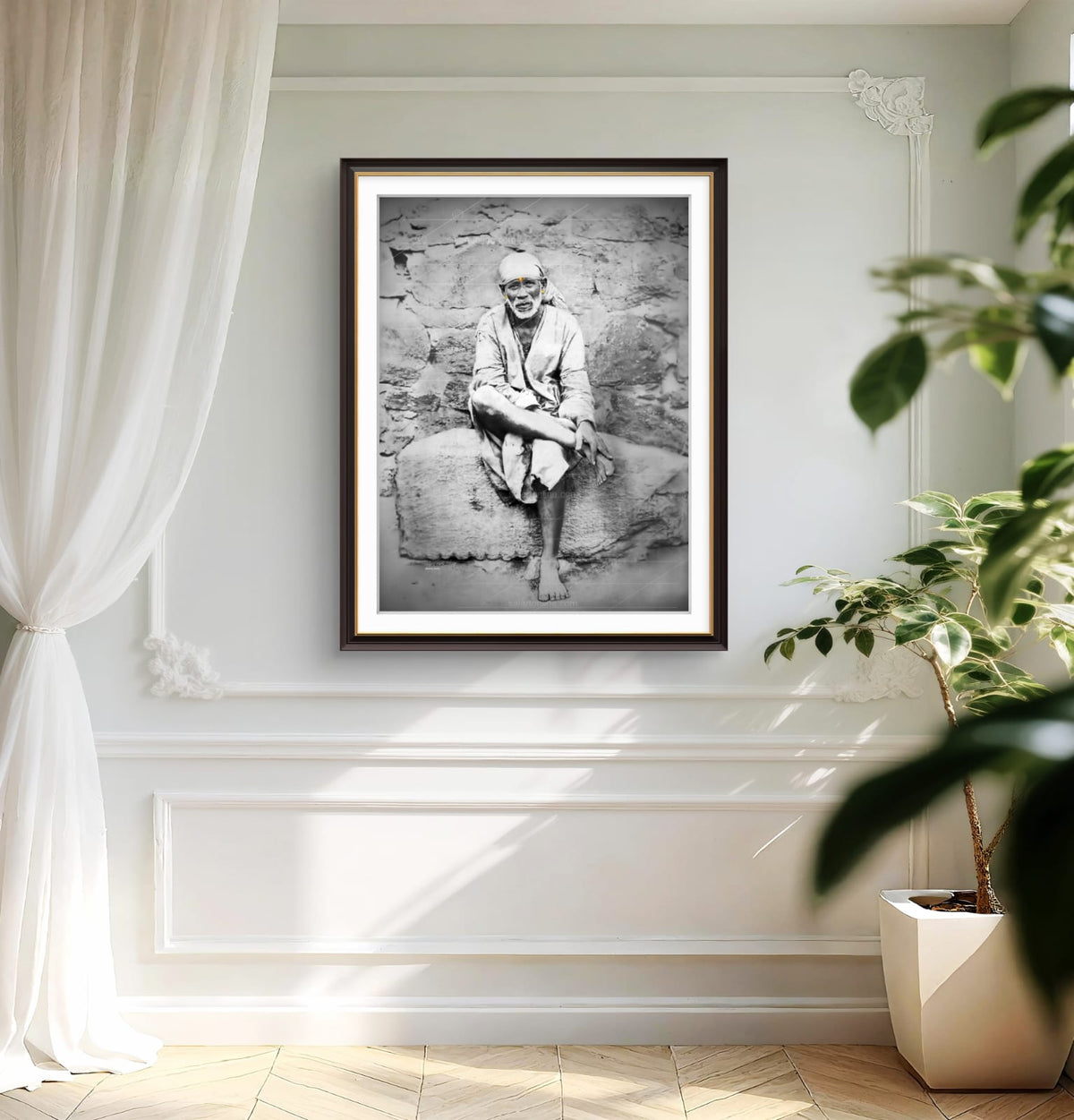 Sai Baba Original Photo Sitting on Stone Canvas Painting | Hemant Art