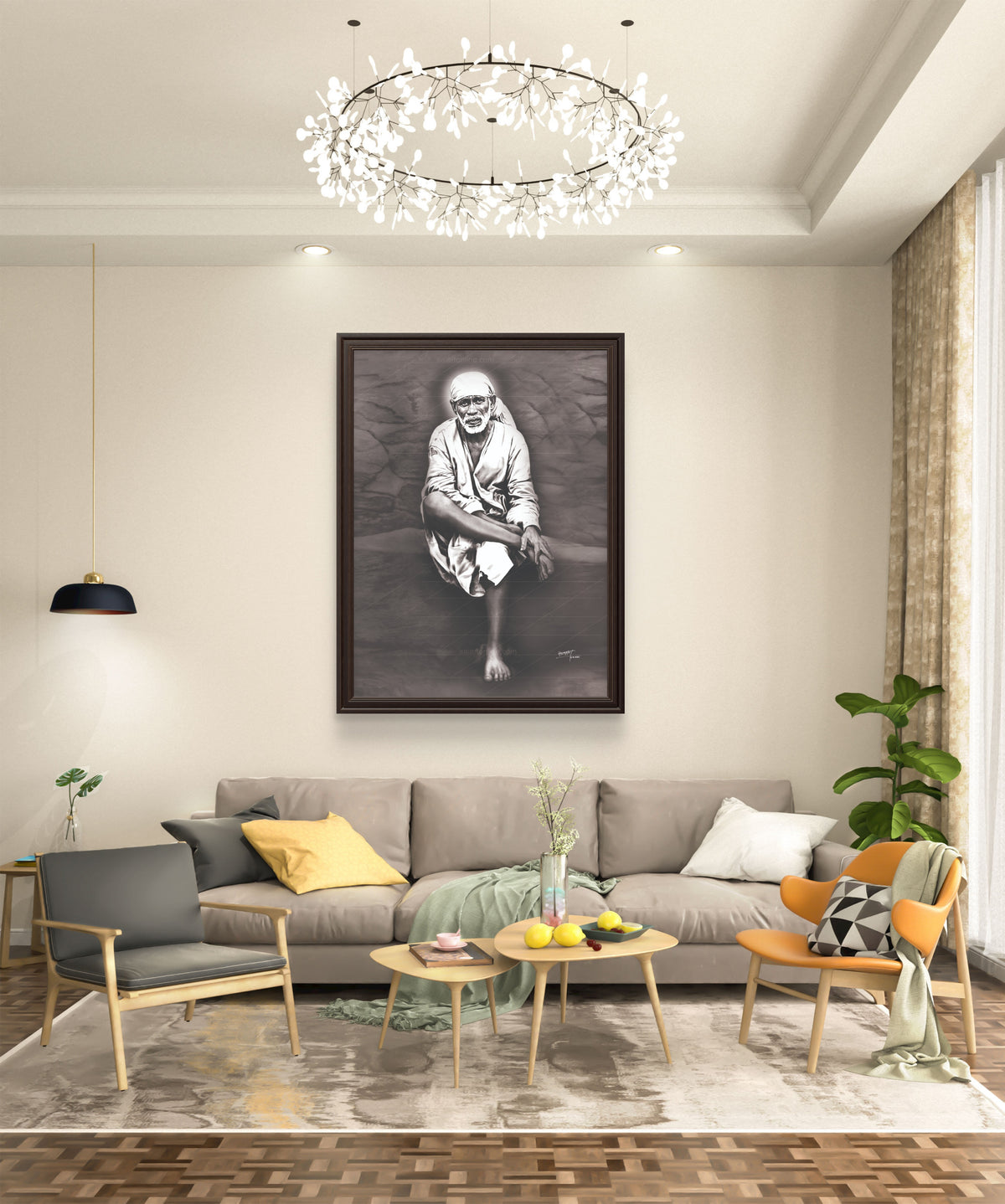 Sai Baba Original Photo Sitting on Stone Canvas Painting | Hemant Art