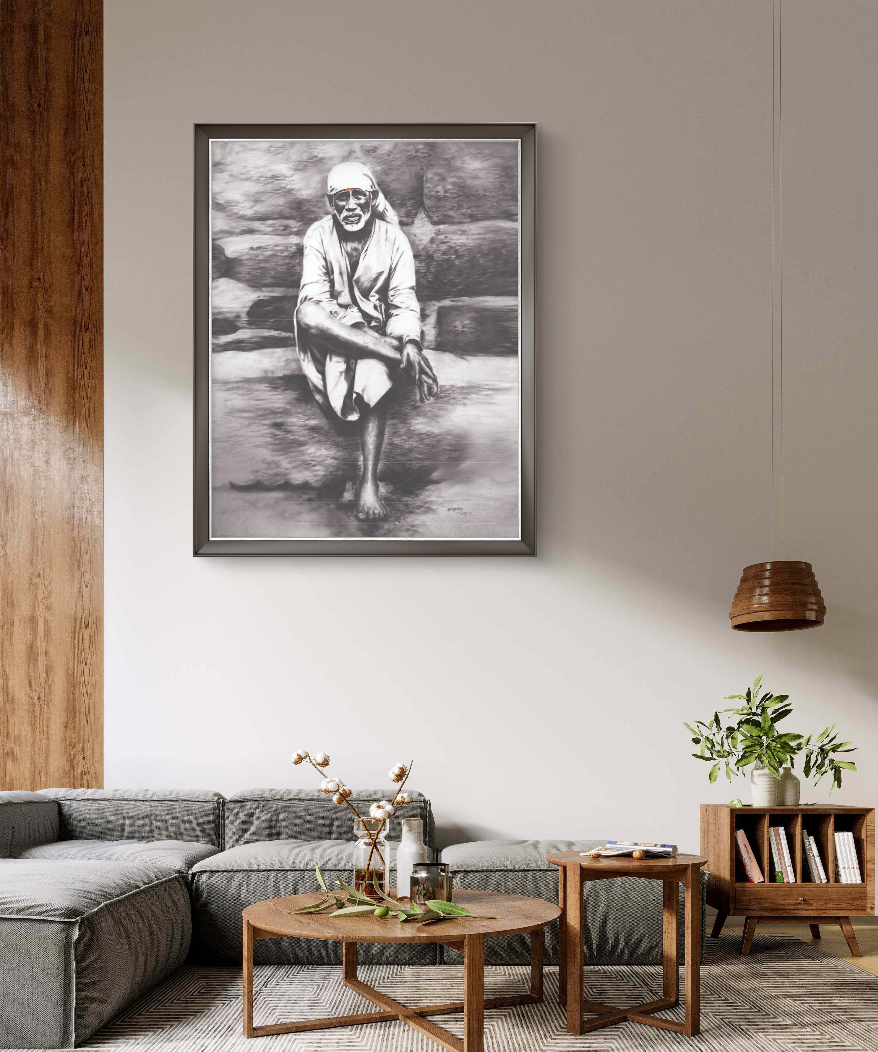 Shirdi Sai Baba Original Photo Sitting on Stone Canvas Painting | UV Coated Waterproof HD Wall Art by Hemant Art