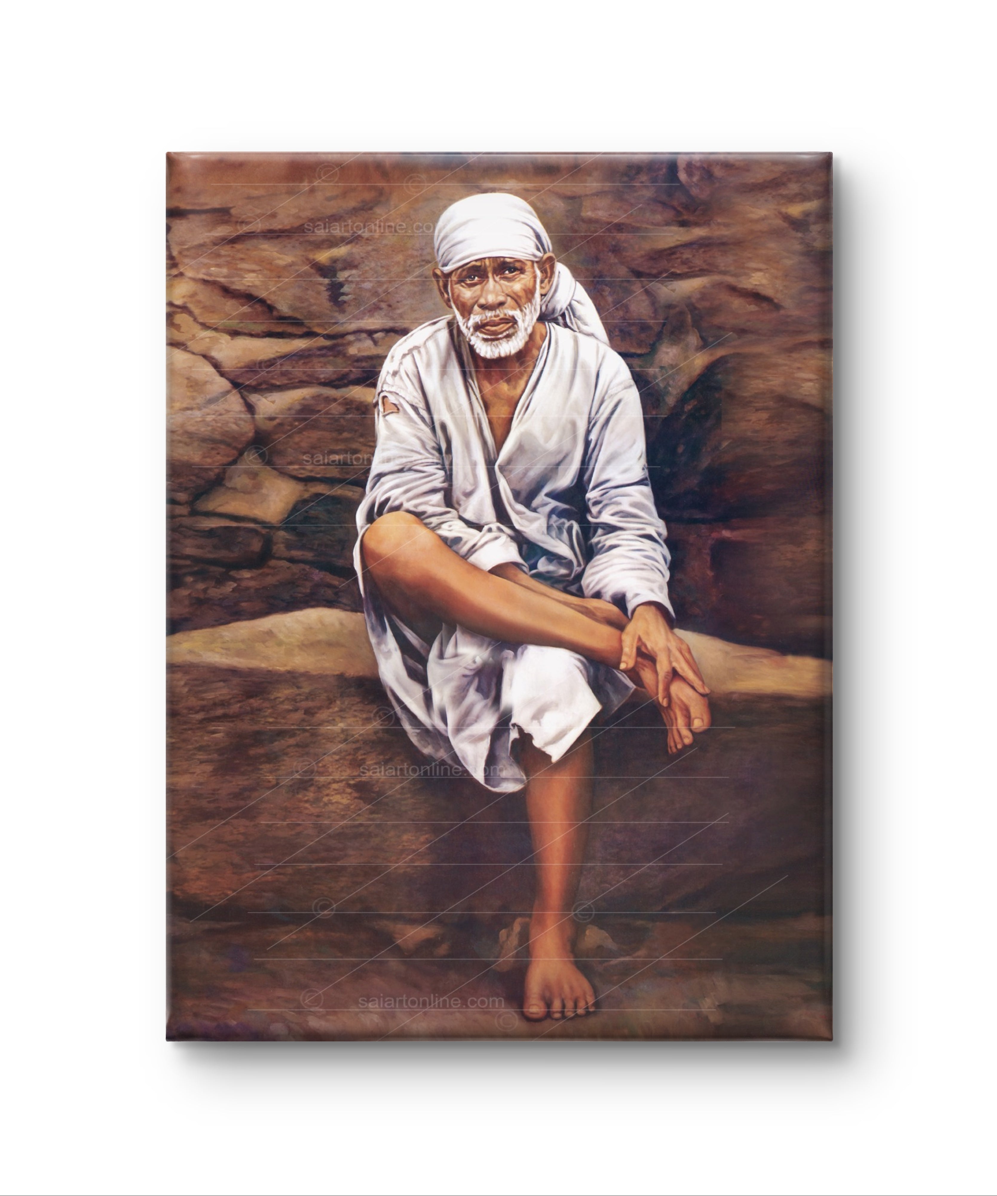 Shirdi Sai Baba Original Photo Sitting on Stone Canvas Painting | UV Coated Waterproof HD Wall Art by Hemant Art
