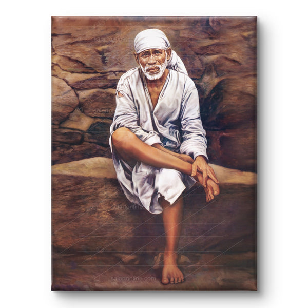 Sai Baba Original Photo Sitting on Stone Canvas Painting | Hemant Art