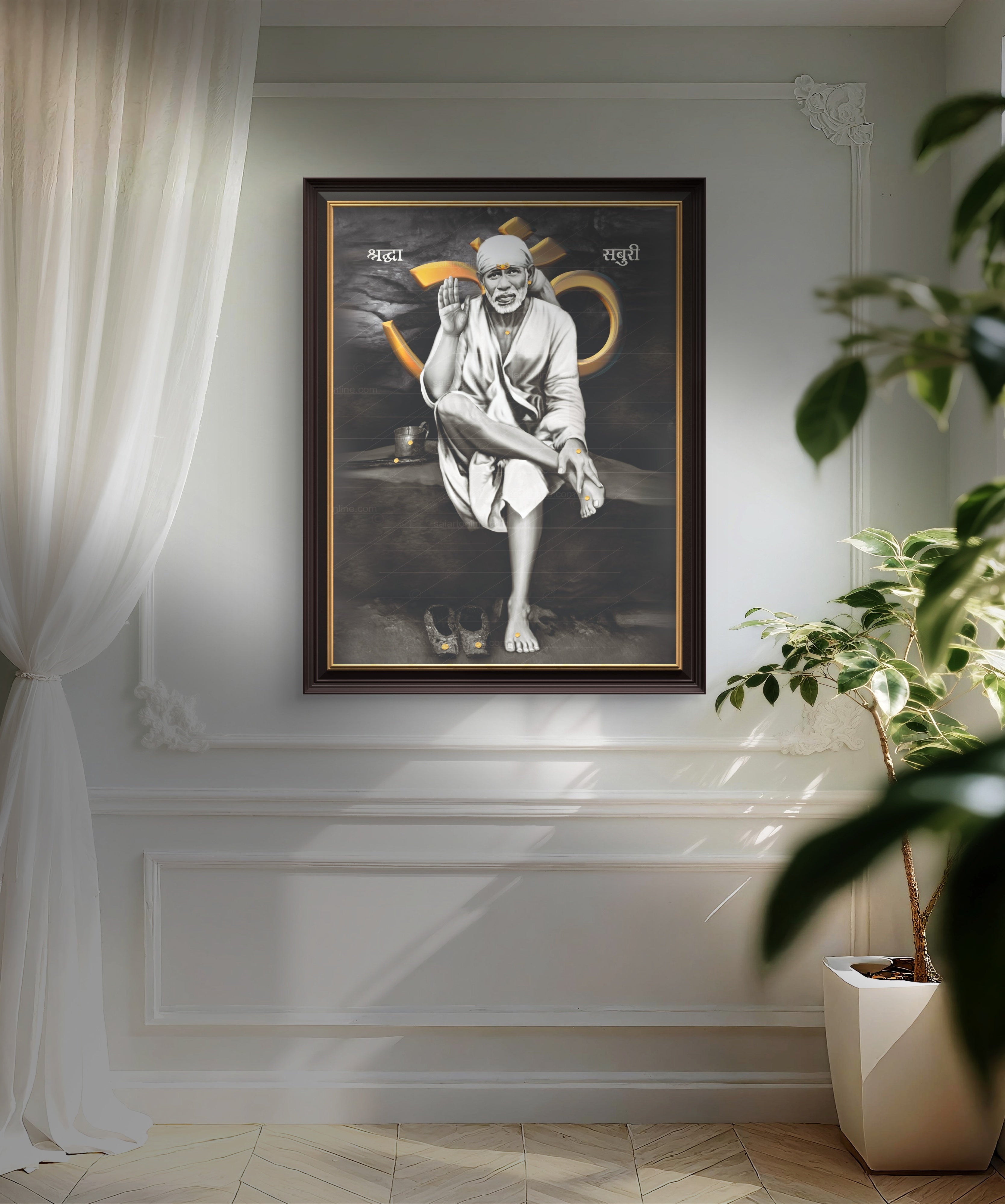 Shirdi Sai Baba Original Photo Sitting on Stone Canvas Painting | UV Coated Waterproof HD Wall Art by Hemant Art