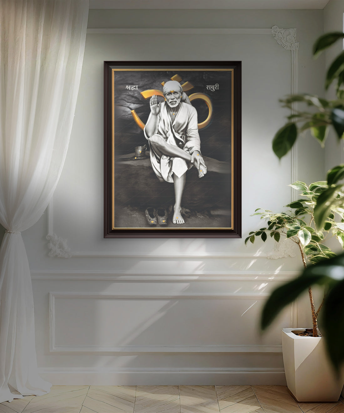 Sai Baba Original Photo Sitting on Stone Canvas Painting | Hemant Art