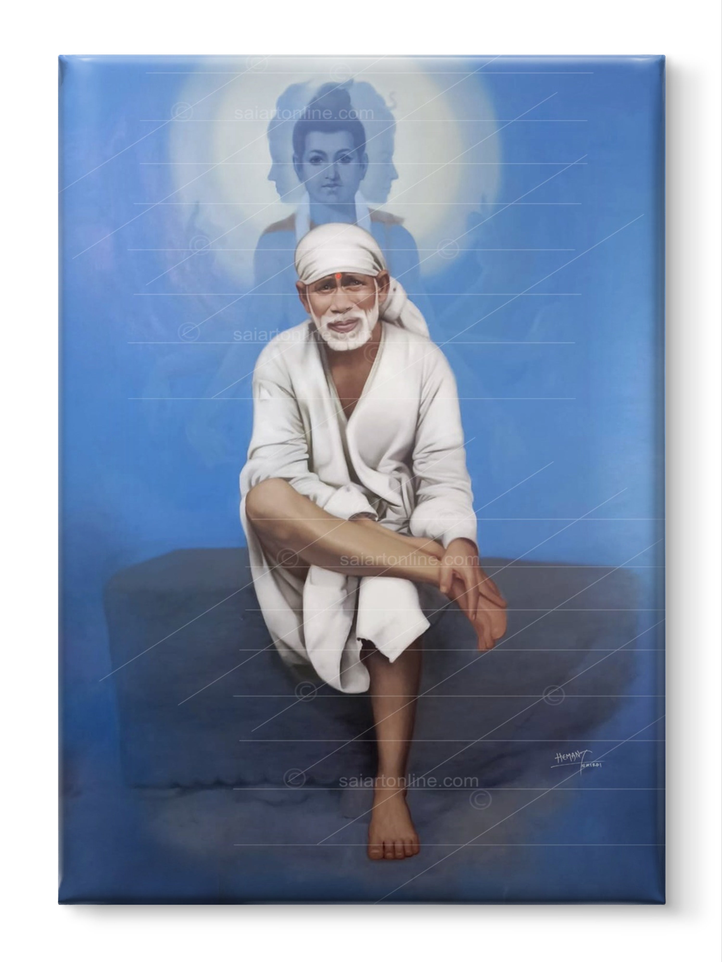 Shirdi Sai Baba Photo Sitting On Stone Hand Painting Canvas Reprint Wall Art Decor photo, Picture/Poster