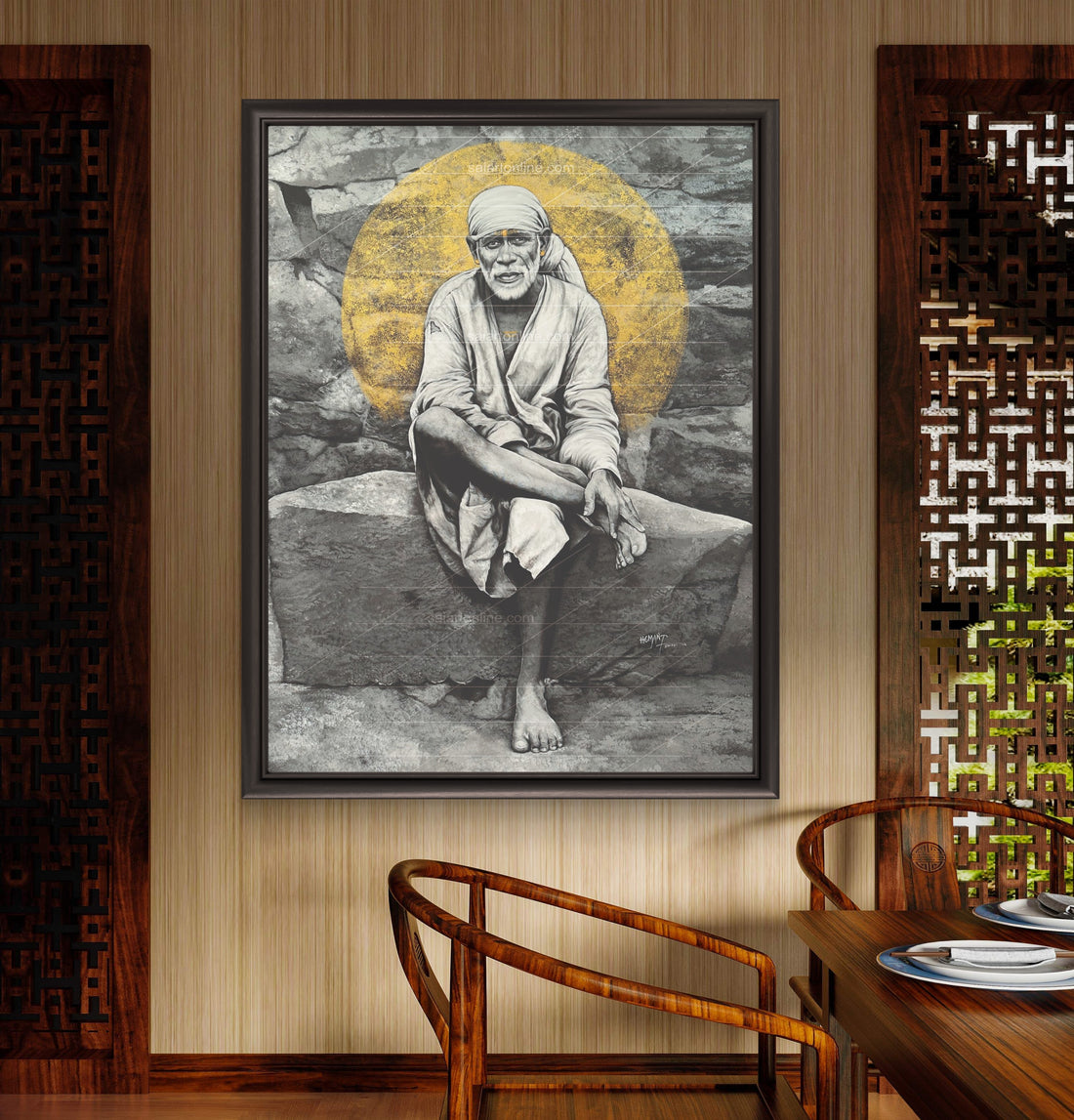 Sai Baba Original Photo Sitting on Stone Canvas Reprint | Hemant Art