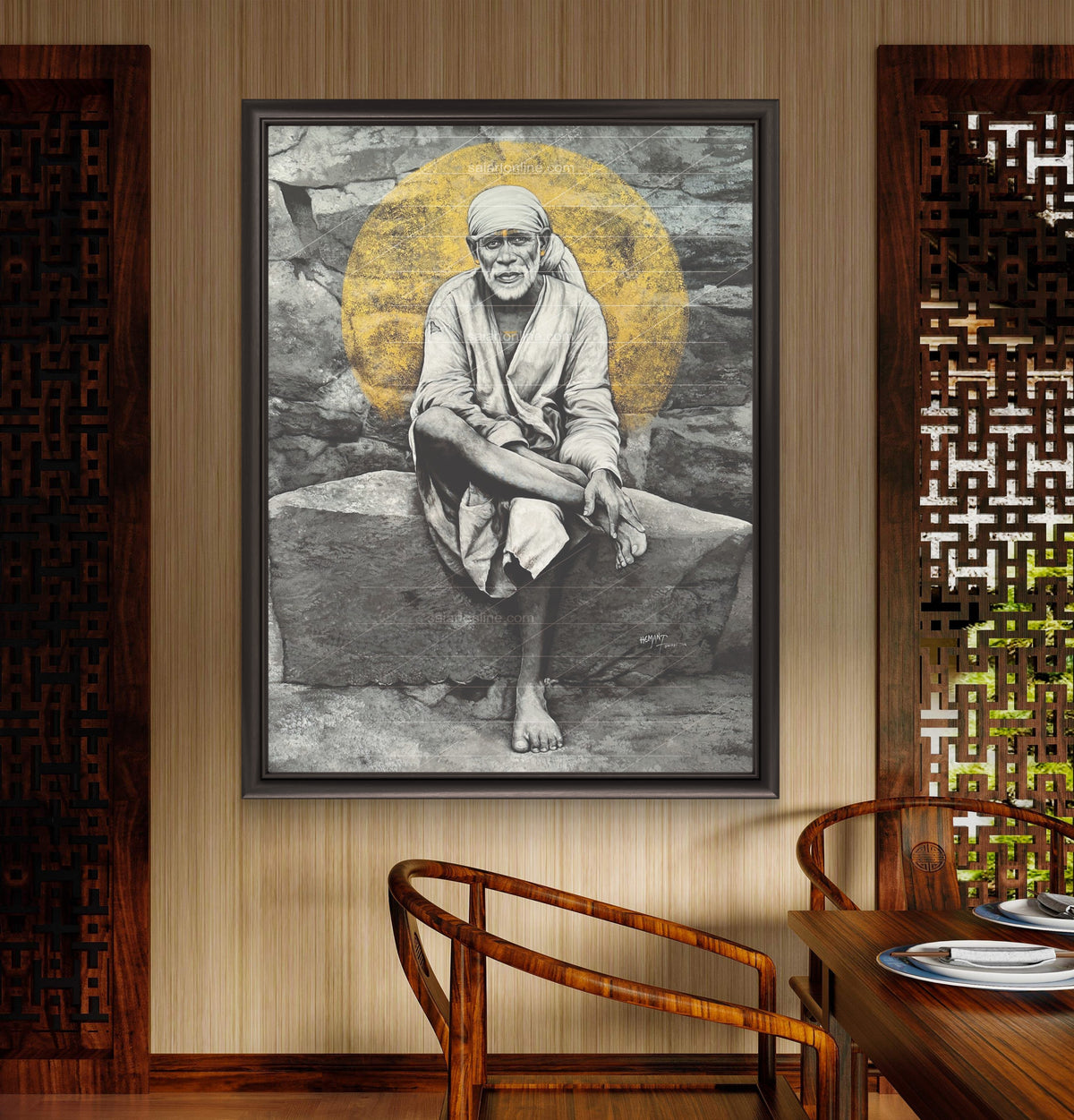 Sai Baba Original Photo Sitting on Stone Canvas Reprint | Hemant Art