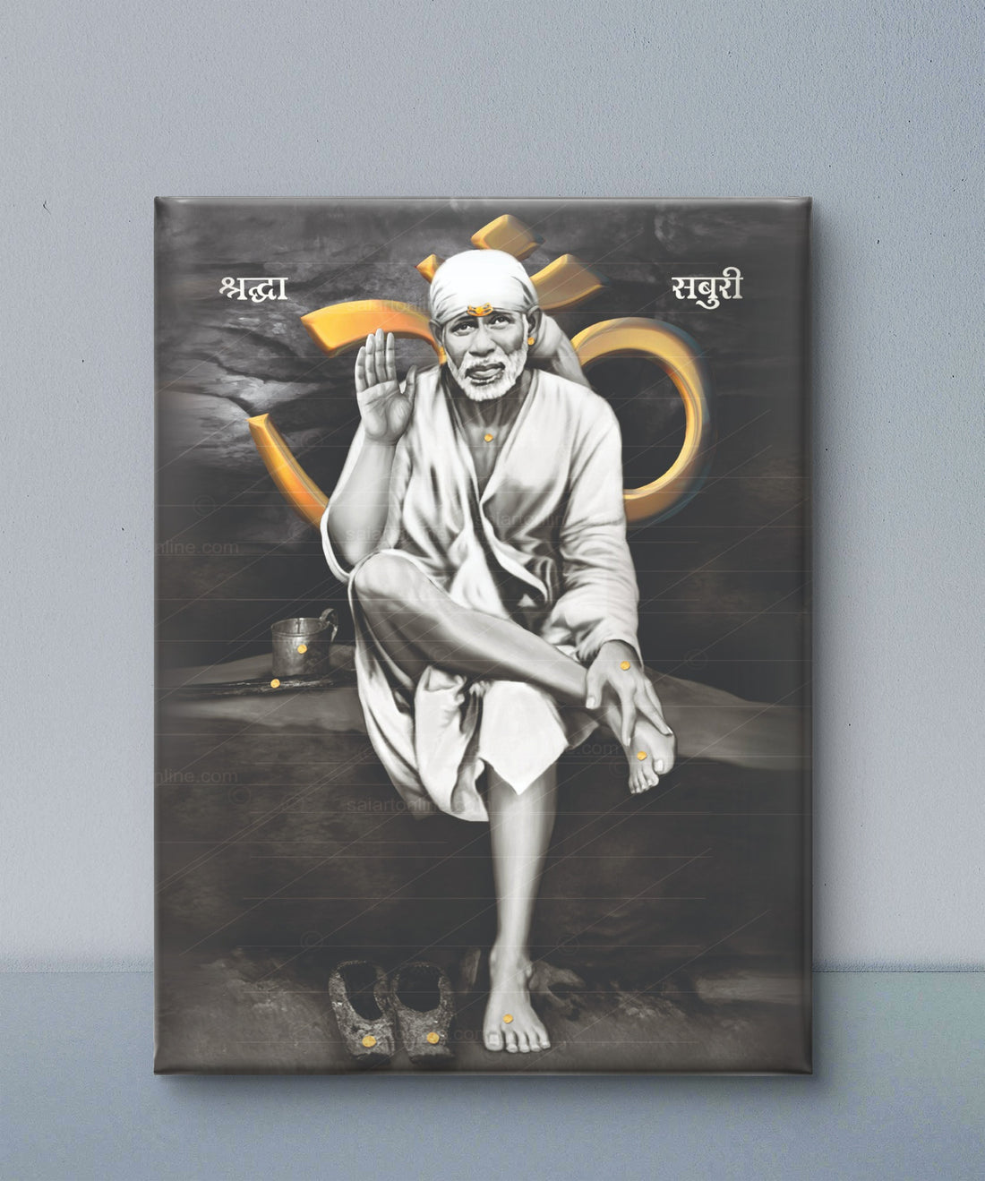 Sai Baba Original Photo Sitting on Stone Canvas Painting | Hemant Art