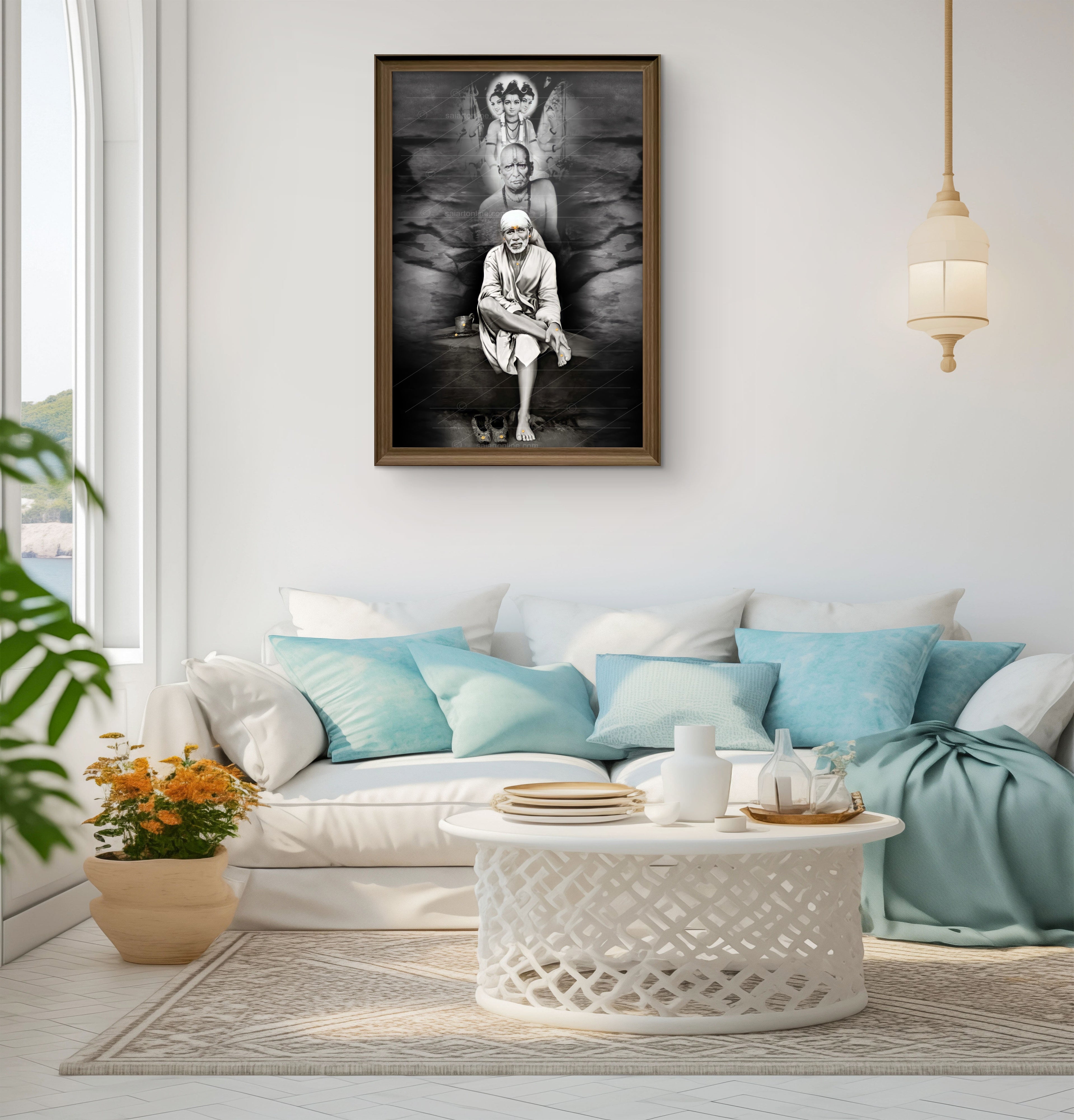 Shirdi Sai Baba Photo Sitting On Stone Hand Painting Canvas Reprint Wall Art Decor photo, Picture/Poster