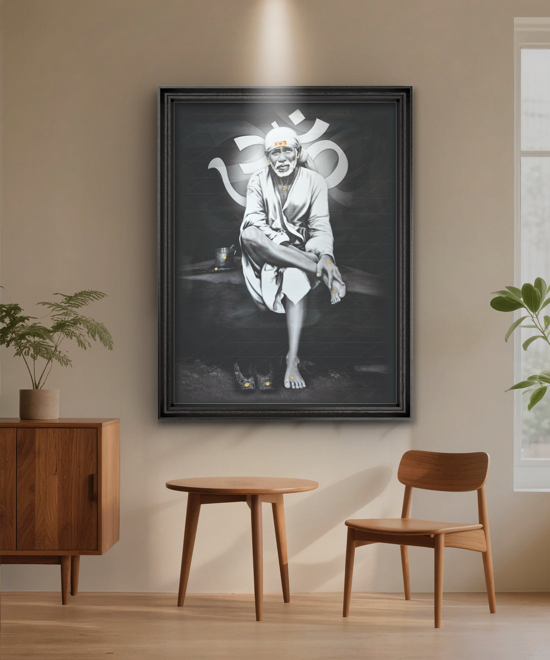 Sai Baba Original Photo Sitting on Stone Canvas Painting | Hemant Art