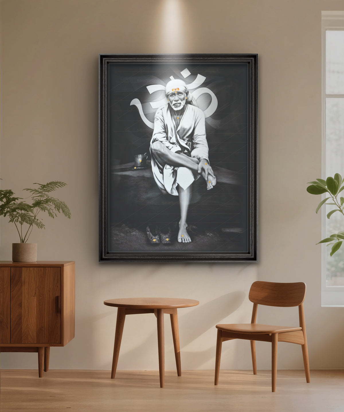 Sai Baba Original Photo Sitting on Stone Canvas Painting | Hemant Art