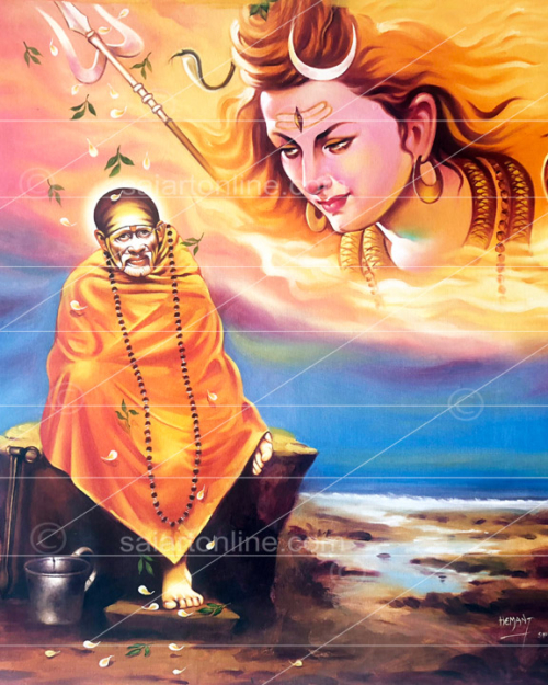 Sai Baba Sitting On Stone Art With Lord Shiva Saibaba Paintings Photos Images