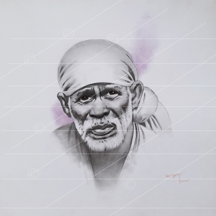 Shirdi Saibaba pencil sketch with gray shadow - Sai Art Online